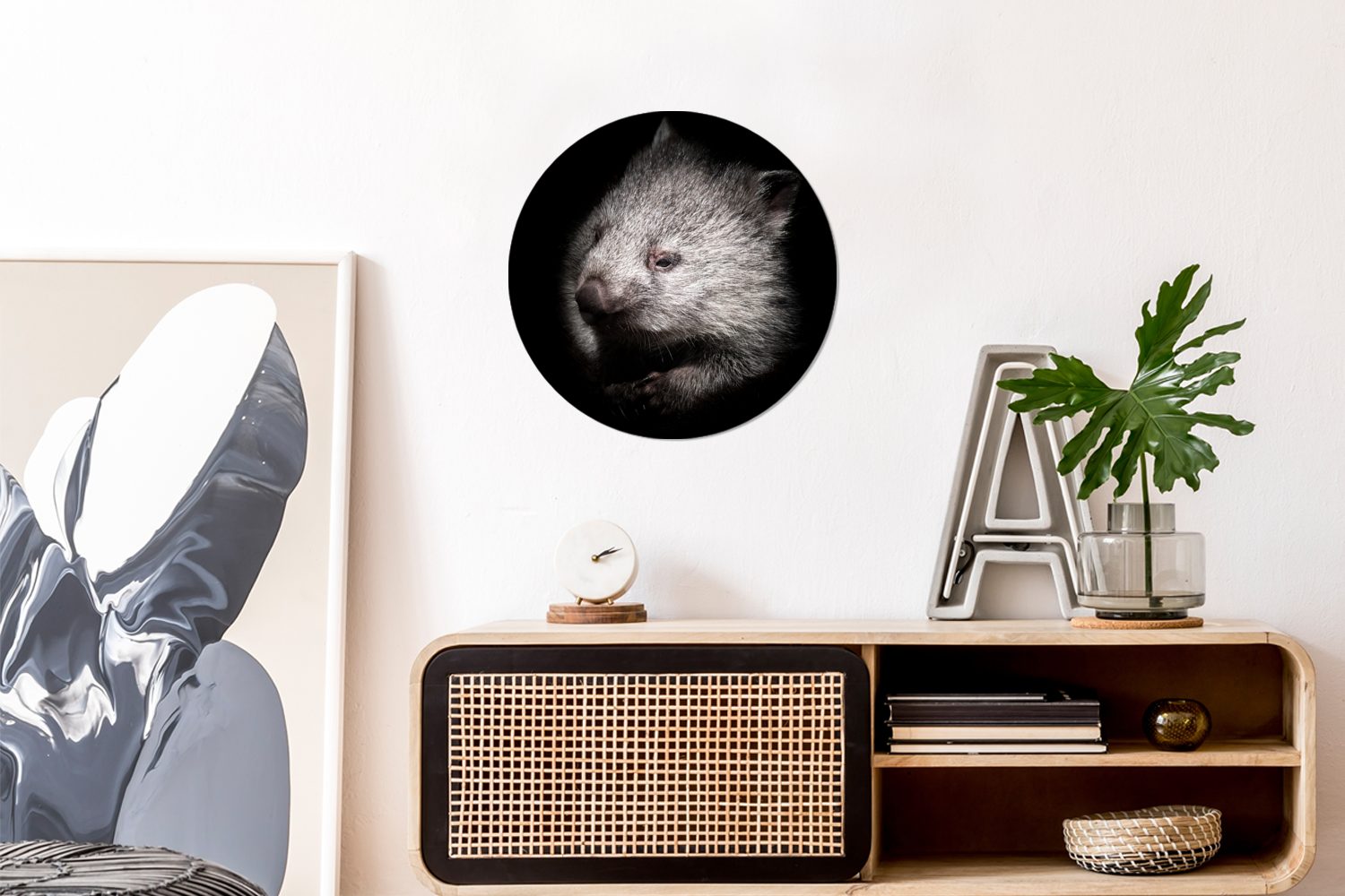 (1 Wandbild, Forex, Wohnzimmer, Wanddekoration Kreis eines cm Wombats, Gemälde Ein Rundes MuchoWow St), 30x30 Schwarz-Weiß-Porträt