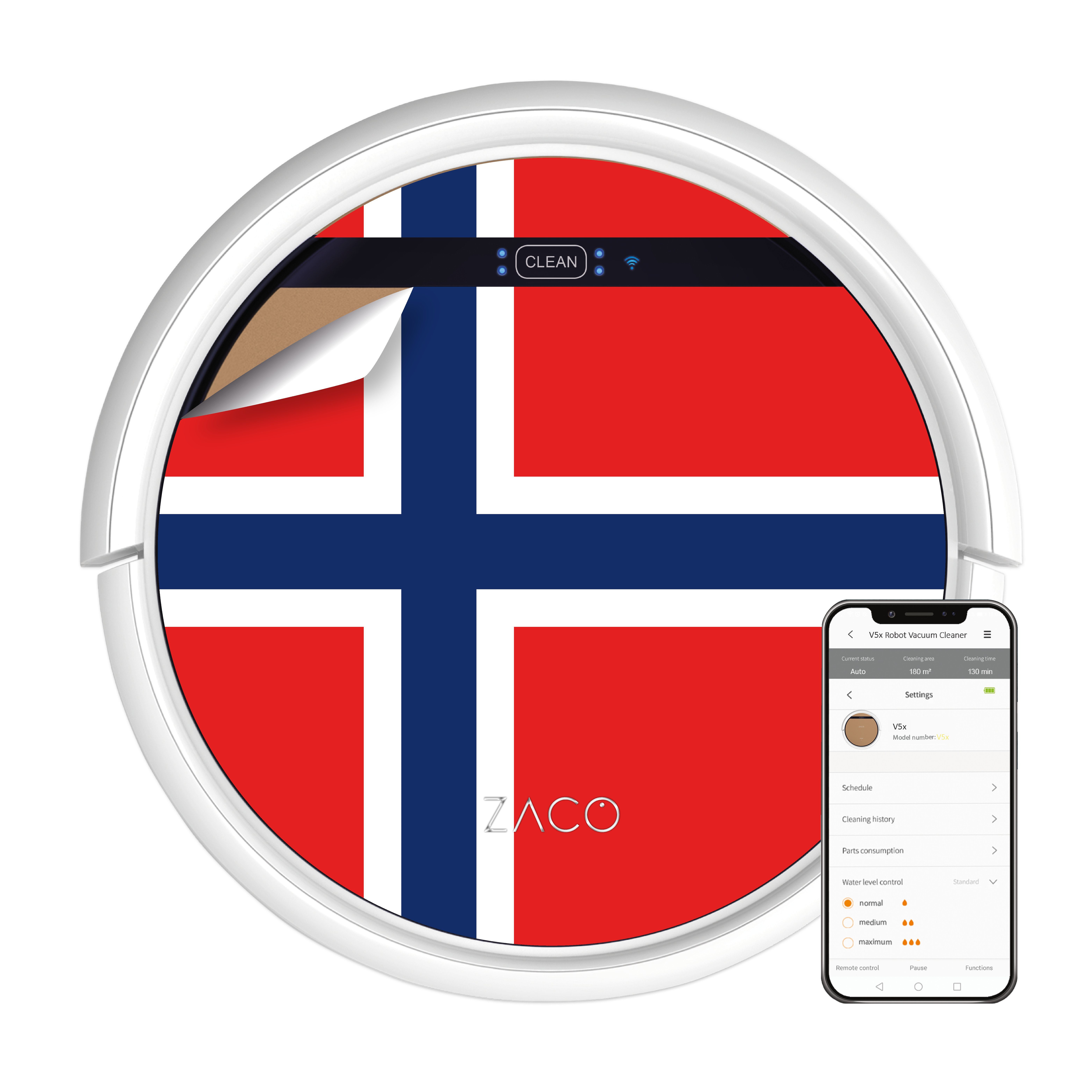 ZACO Nass-Trocken-Saugroboter V5x, 22 W, beutellos, Saugroboter mit Wischfunktion Tierhaare Sprachsteuerung, App, Alexa Norwegische Flagge