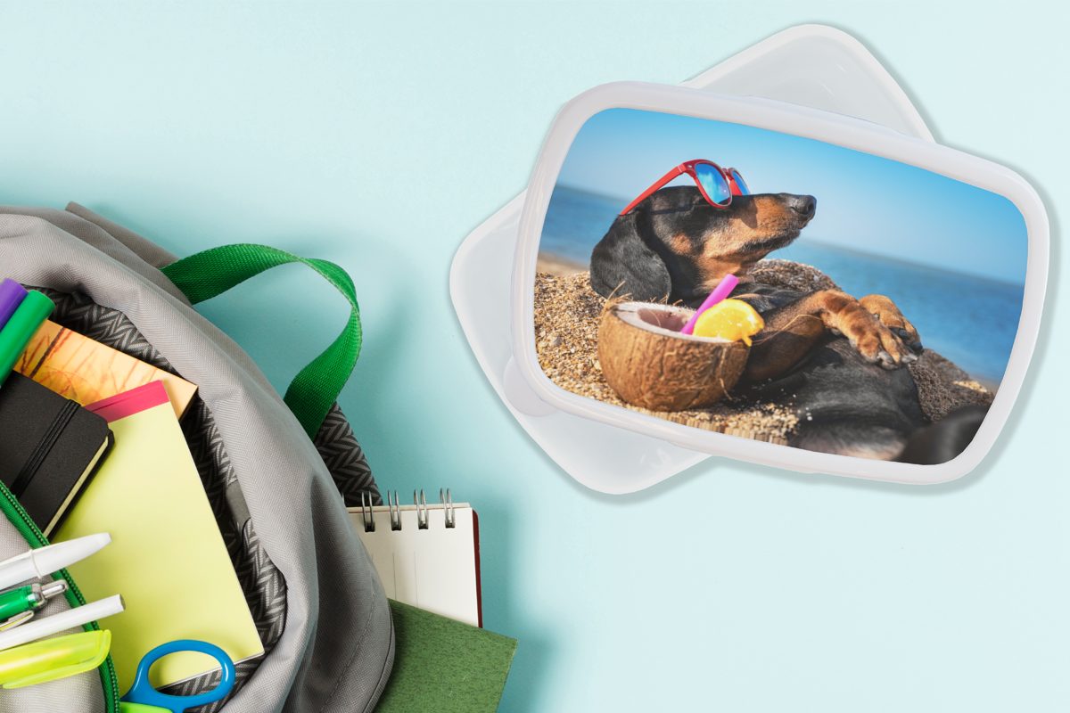 MuchoWow Lunchbox Hund - Sonnenbrille Strand Kinder Sommer, Erwachsene, - - und Mädchen Kunststoff, Jungs und (2-tlg), Brotdose, weiß für Brotbox für