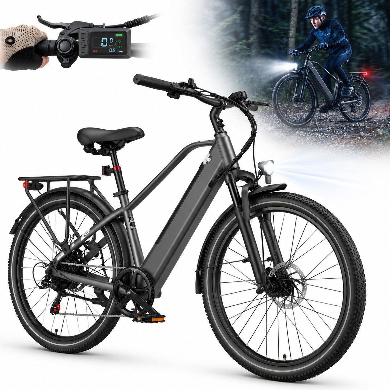 OOTD E-Bike City-E-Bike 26″ 36V 14,5Ah Akku bis 75km, 250W Heckmotor, Shimano 7-Gang, 7 Gang Shimano Tourney Schaltwerk, Kettenschaltung, Tiefer Einstieg, gefederte Sattelstütze, Farb-LCD-Display