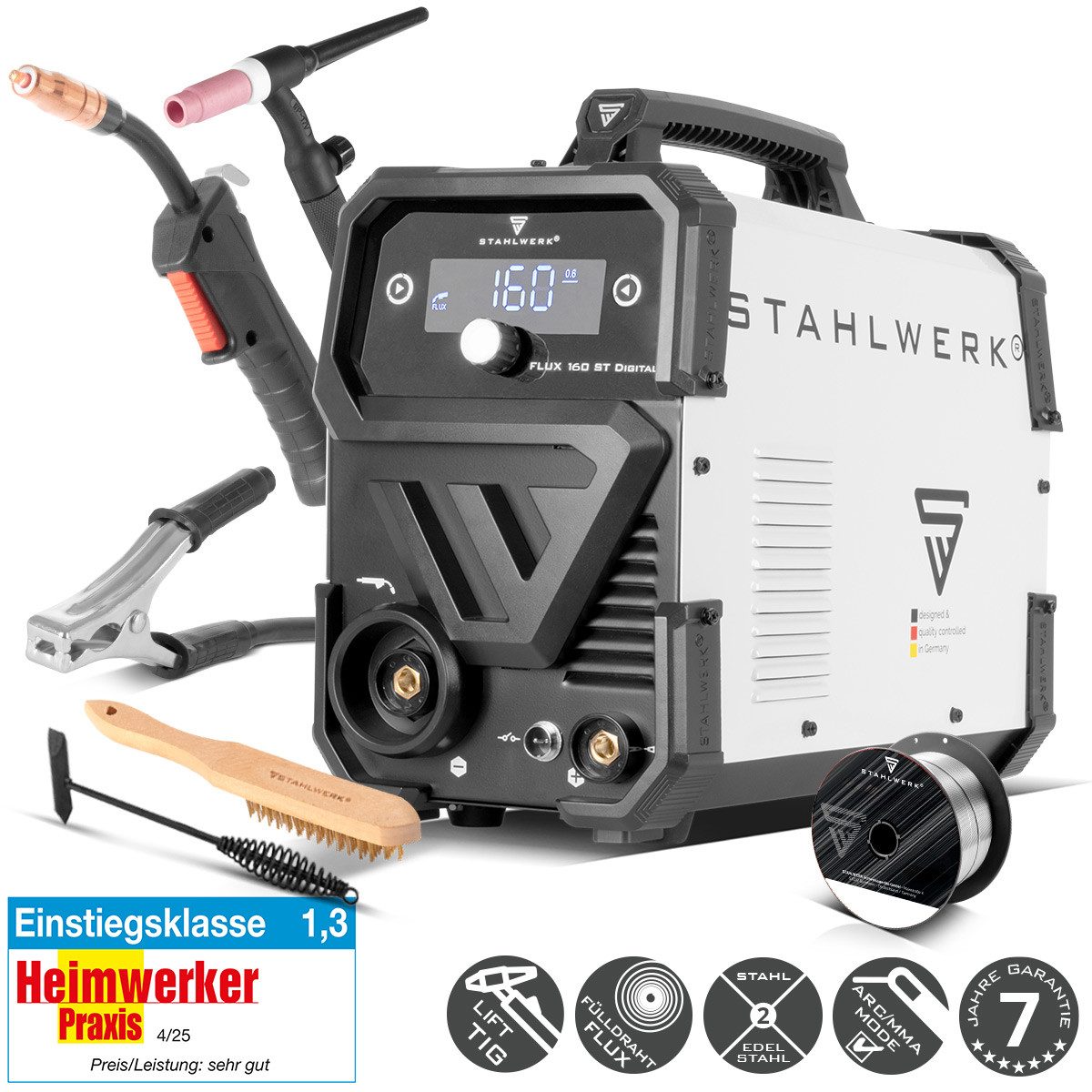 STAHLWERK Fülldrahtschweißgerät Kombischweißgerät FLUX 160 ST Digital LIFT TIG Set mit WP 17V Brenner, Einzelgerät, 1-tlg., Einzelgerät, Digital-Display, für Industrie, Werkstatt und DIY