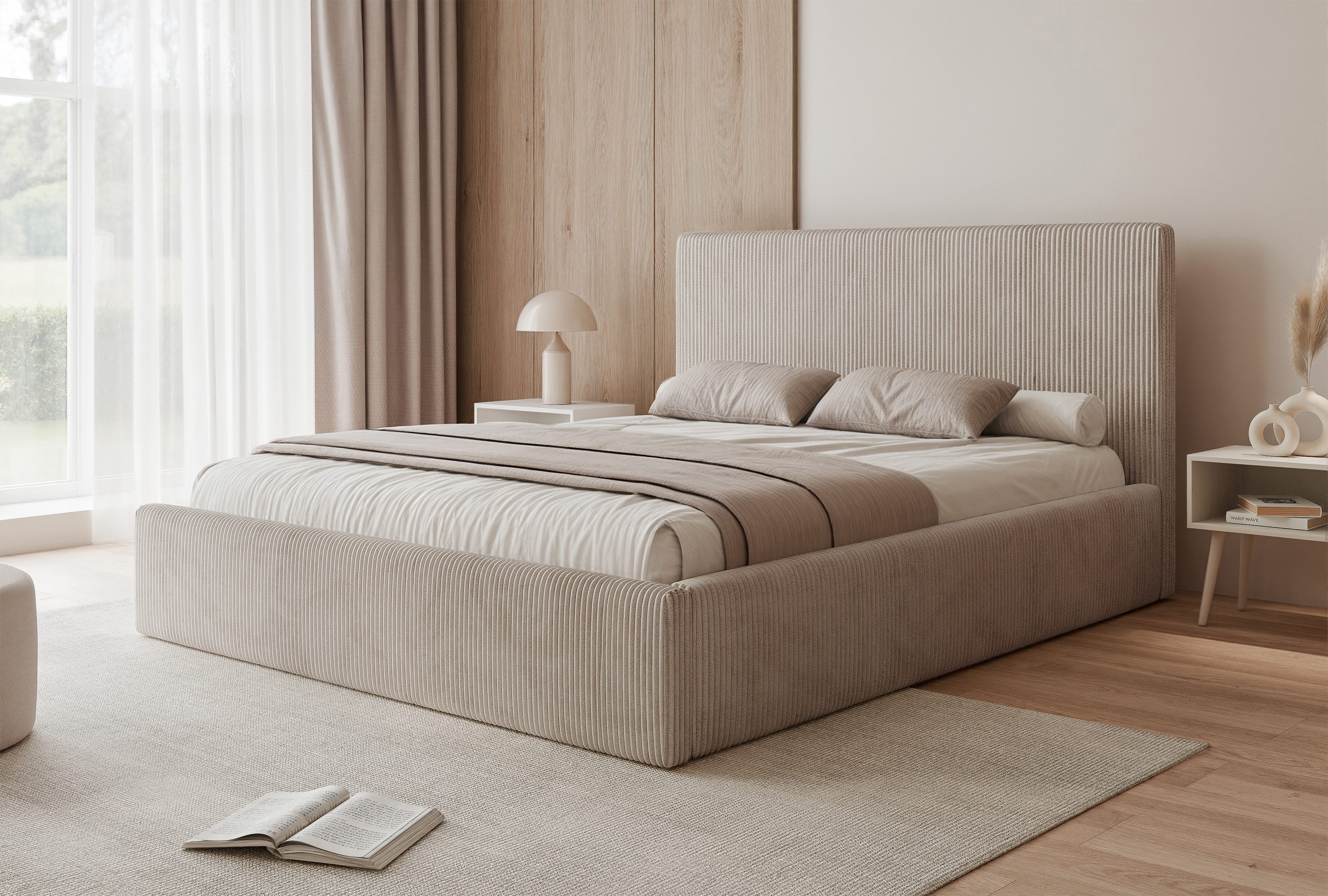 yourhouse24 Polsterbett CORD mit Stauraum TILIA, Modern design (Polsterbett inkl. Lattenrost und Bettkasten), Modernes Polsterbett mit geripptem Cordbezug