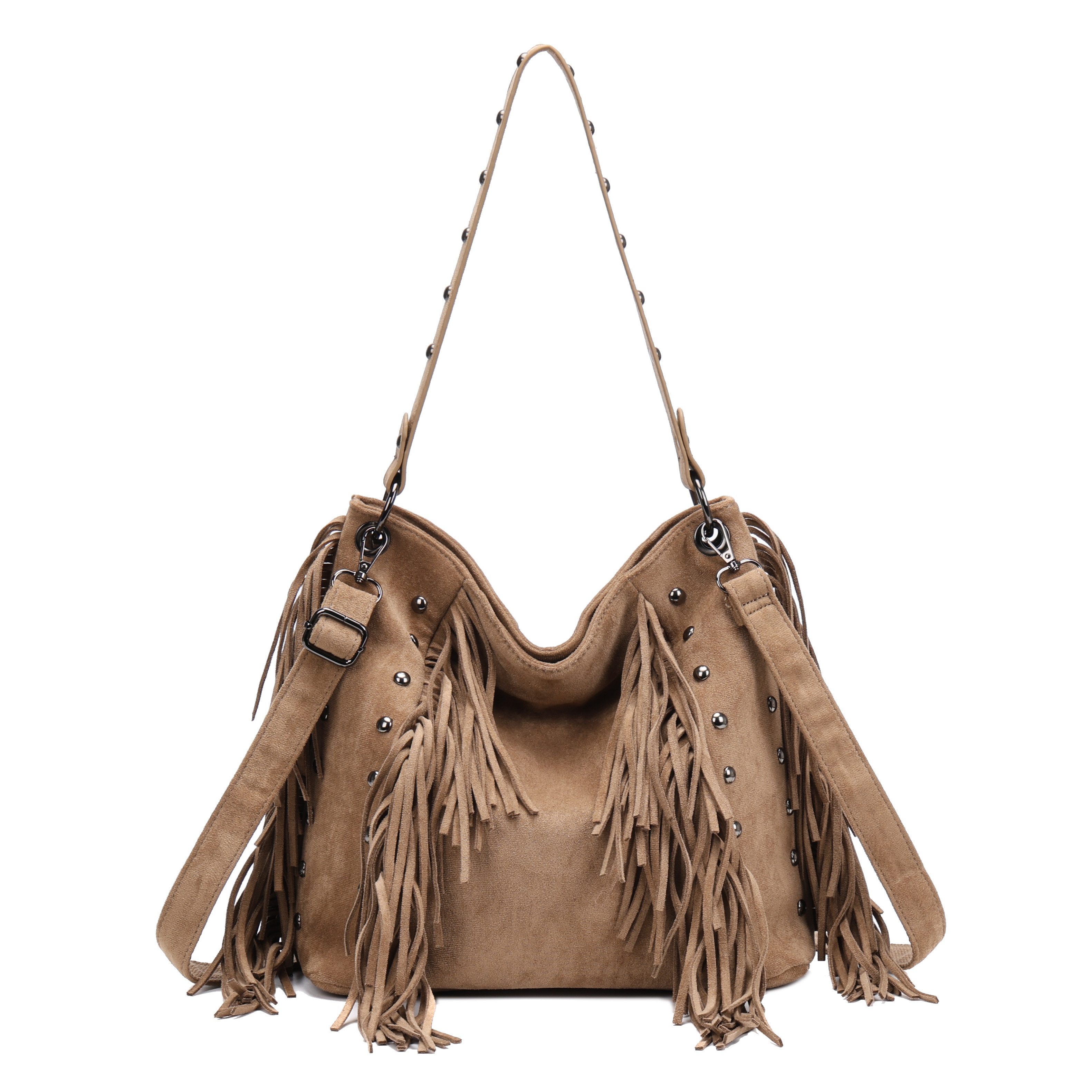 MIRROSI Umhängetasche Damen Schultertasche Boho in Wildleder-Optik aus Polyester (Fransen-Tasche mit Nieten, ca.30x17x29cm), Neue Kollektion Herbst/Winter 2026