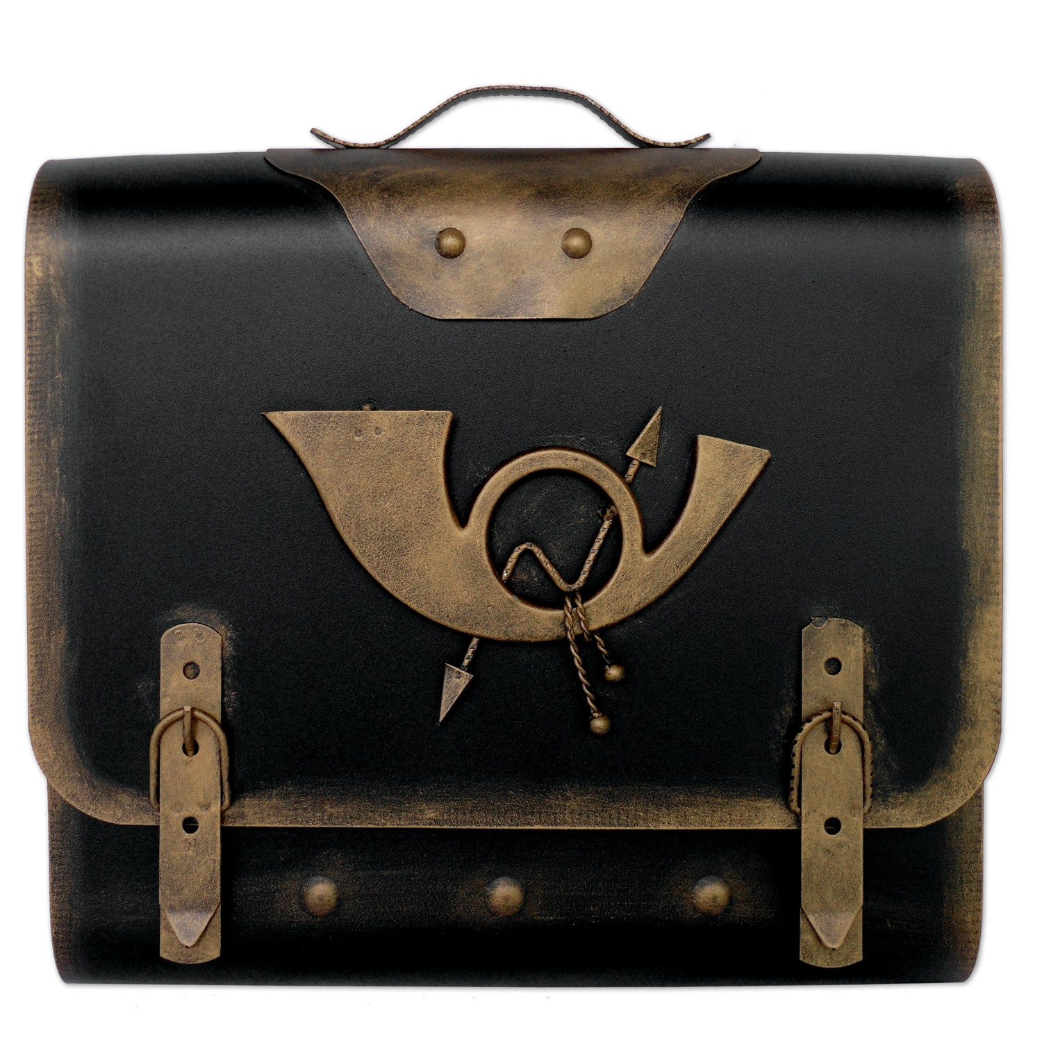 HMF Wandbriefkasten Briefkasten Antik UNIKAT Handarbeit, Schulranzen Design, mit extra Zeitungsfach, 40 x 40 x 9 cm, Gold