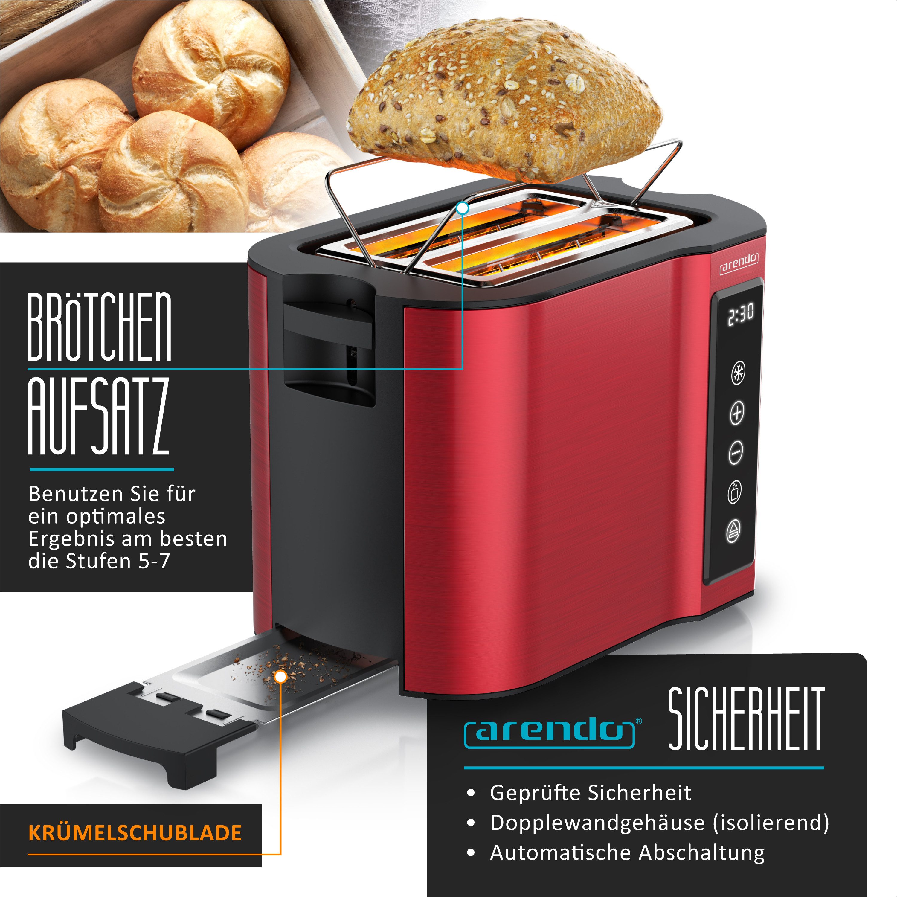 Arendo Toaster Wärmeisoliertes Doppelwandgehäuse, Display mit Restzeitanzeige, 2 kurze Schlitze, für 2 Scheiben, 800 W, Touchpanel, Brötchenaufsatz, 7 Bräunungsgrade, Brotscheibenzentrierung