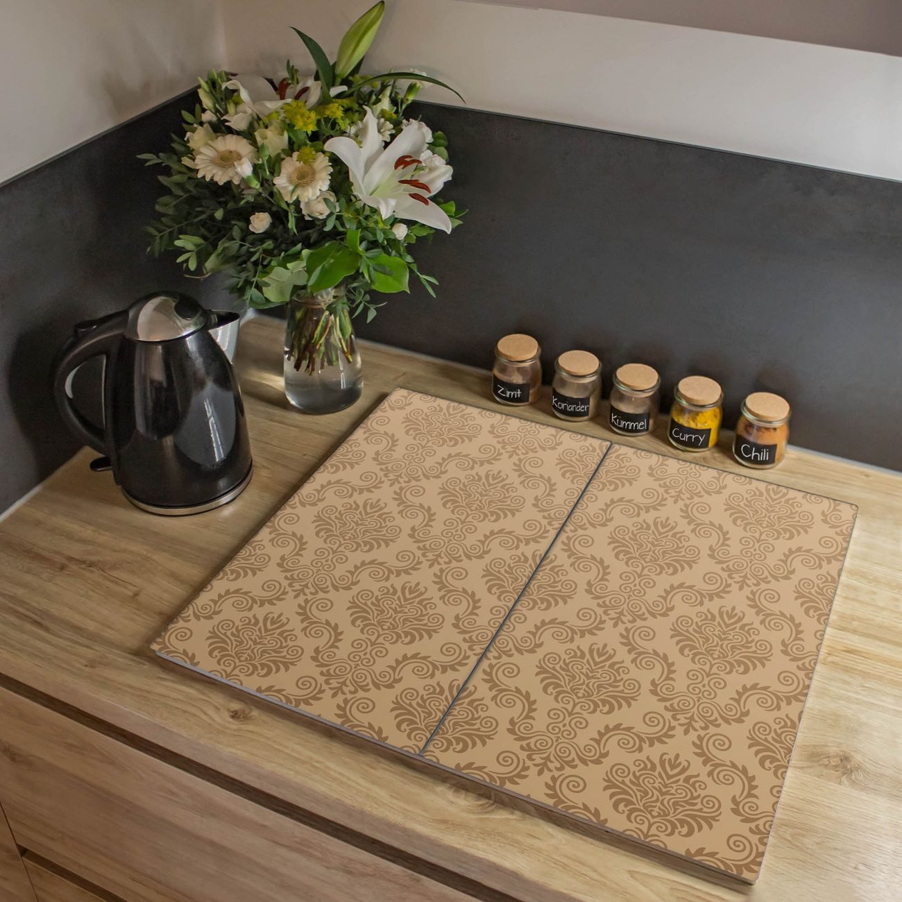 banjado Herd-Abdeckplatte zweiteilig aus Glas mit Motiv Tapete Beige, (gehärtet, 2 tlg., inkl. selbstklebende Gummifüßchen)