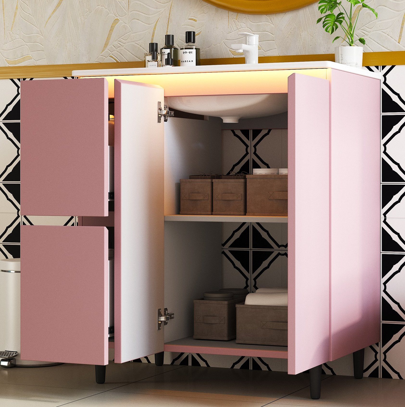 OKWISH Waschbeckenunterschrank Badezimmerschrank Badmöbel (76x47x89 cm mit integriertem Waschbecken, LED-Radarsensorleuchte und Soft-Close-Türen, freistehender Badschrank mit erhöhtem Fußdesign für das Badezimmer)