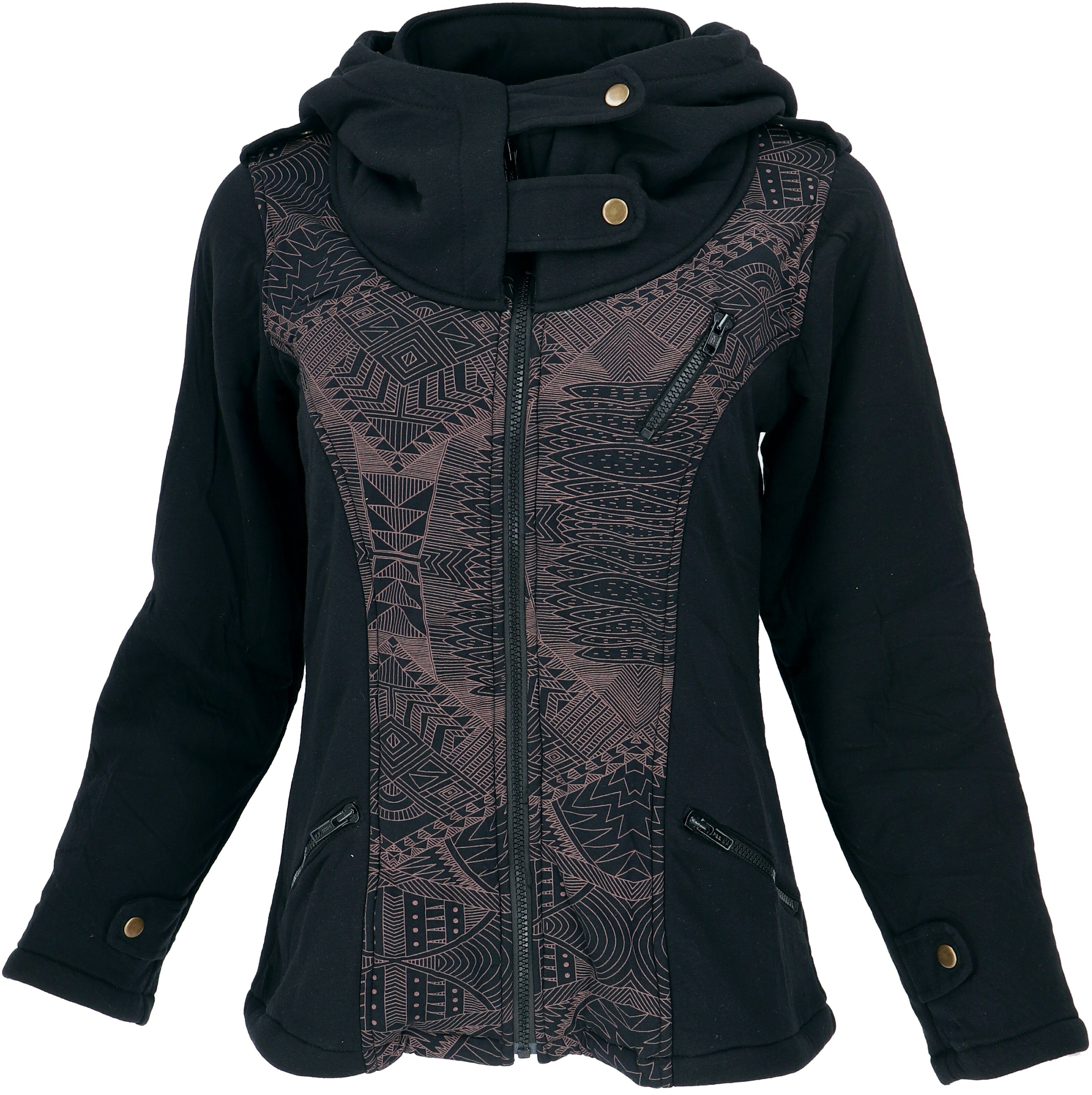 Guru-Shop Langjacke Goa Festival Jacke Print, Jacke mit weiter.. alternative Bekleidung schwarz/braun | Jacken