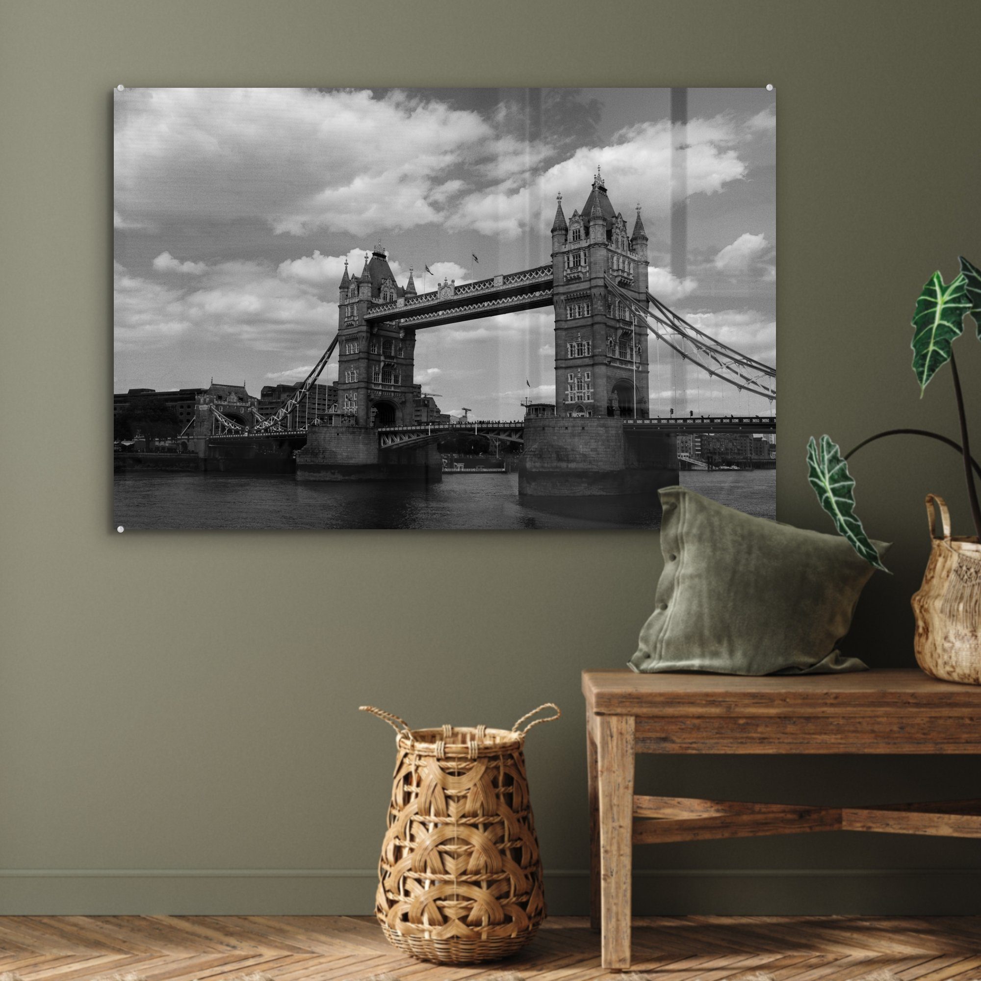 Schwarz-Weiß-Bild & der ikonischen (1 Acrylglasbilder Schlafzimmer St), MuchoWow Bridge London, Wohnzimmer in Acrylglasbild Tower