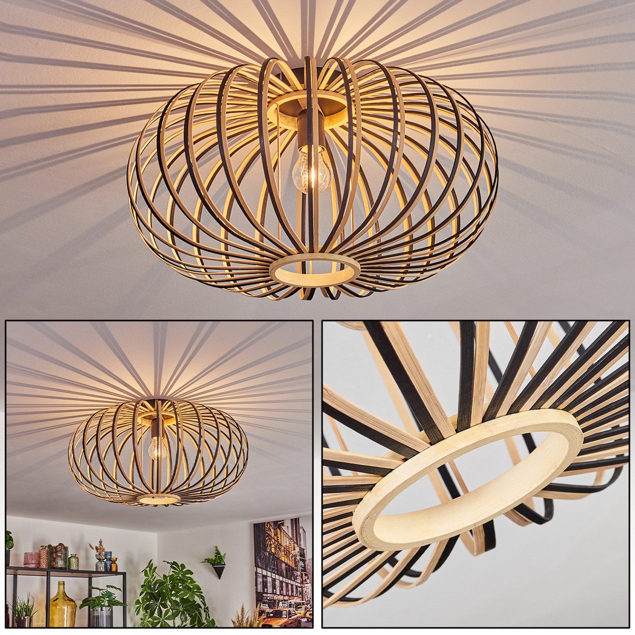 hofstein Deckenleuchte Deckenlampe aus Metall/Bambus in Schwarz/Natur, Leuc günstig online kaufen