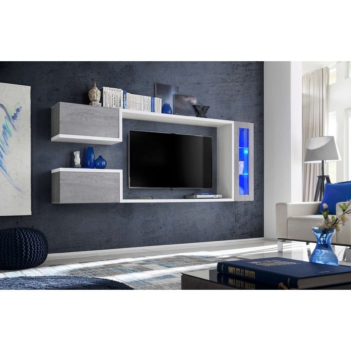 Stylefy Wohnwand Gallia Beton Optik Weiß (Wohnmöbel Wohnzimmer-Set Set (5-St) bestehend aus 1xHängevitrine 3xHängeschrank und 2xWandboard Modern aus Holzwerkstoff inkl. LED-Beleuchtung mit Glaseinsatz mit Push-to-Open Hochglanzfronten