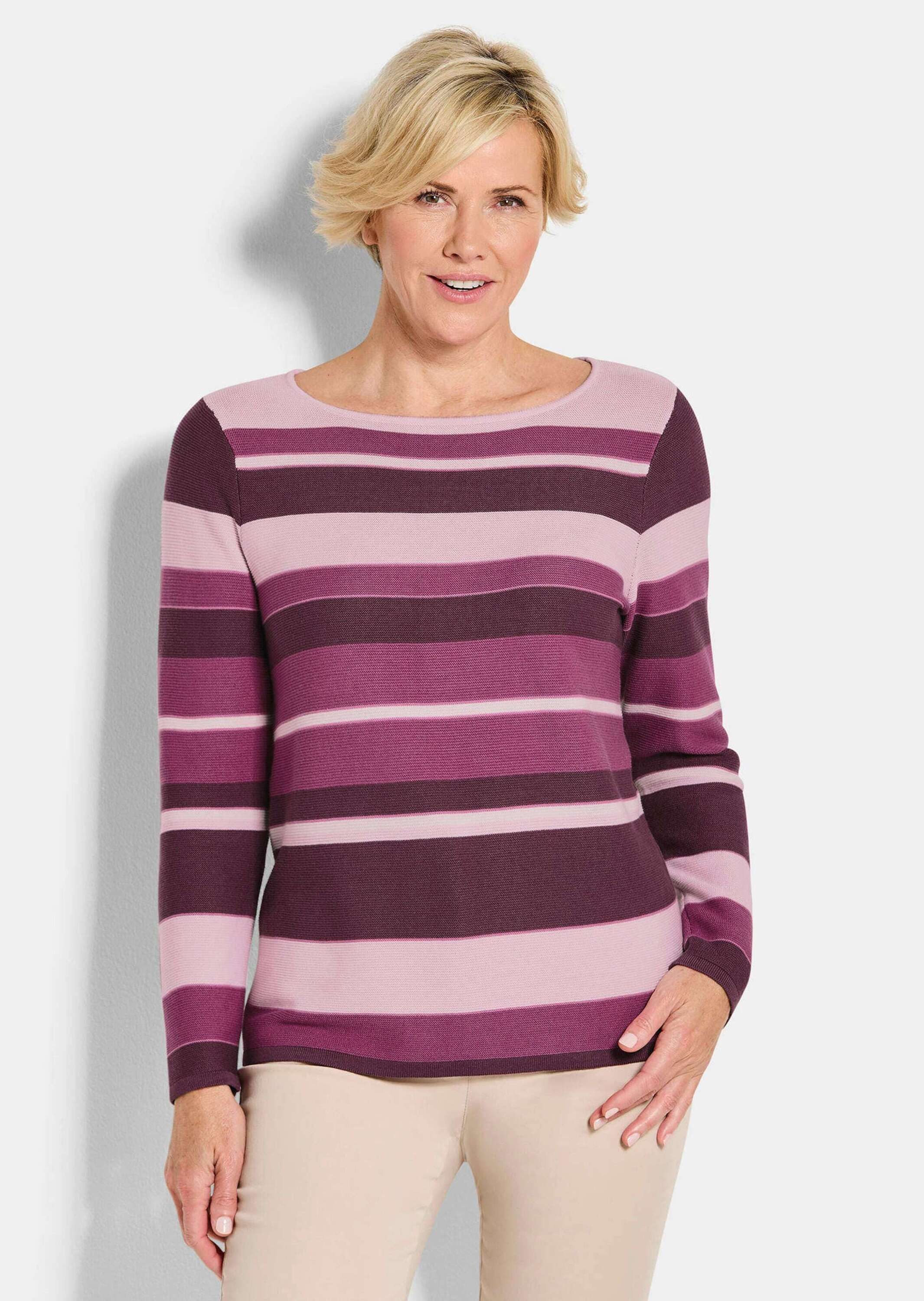 GOLDNER Strickpullover Strickpullover im Ringel-Look Baumwollpullover mit U-Boot-Ausschnitt und Langarm