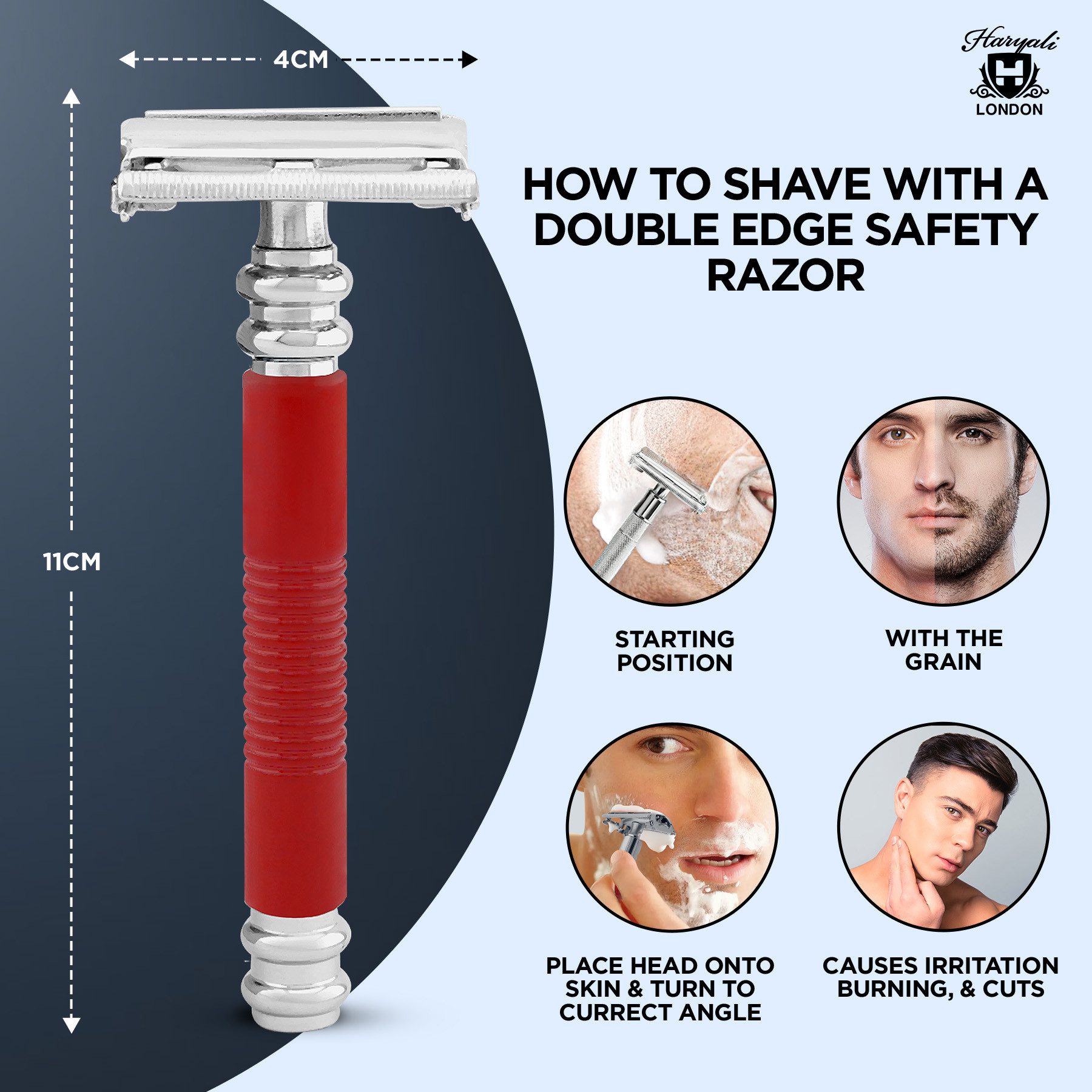 Haryali London Nassrasierer Butterfly DE Rasierhobel für Unisex, rutschfest, metallic rot, Pack, Rutschfester Nassrasierer aus Messing-Silber mit zwei Ersatzklingen, Geeignet für alle Arten von zweischneidigen Rasierhobelklingen