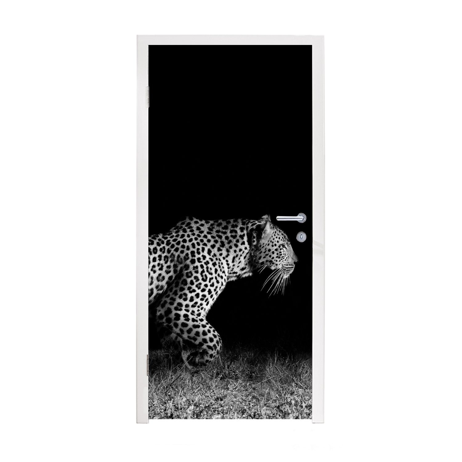 MuchoWow Türtapete Wildtiere - Leopard - Gras - Schwarz - Weiß, Matt, bedruckt, (1 St), Fototapete für Tür, Türaufkleber, 75x205 cm