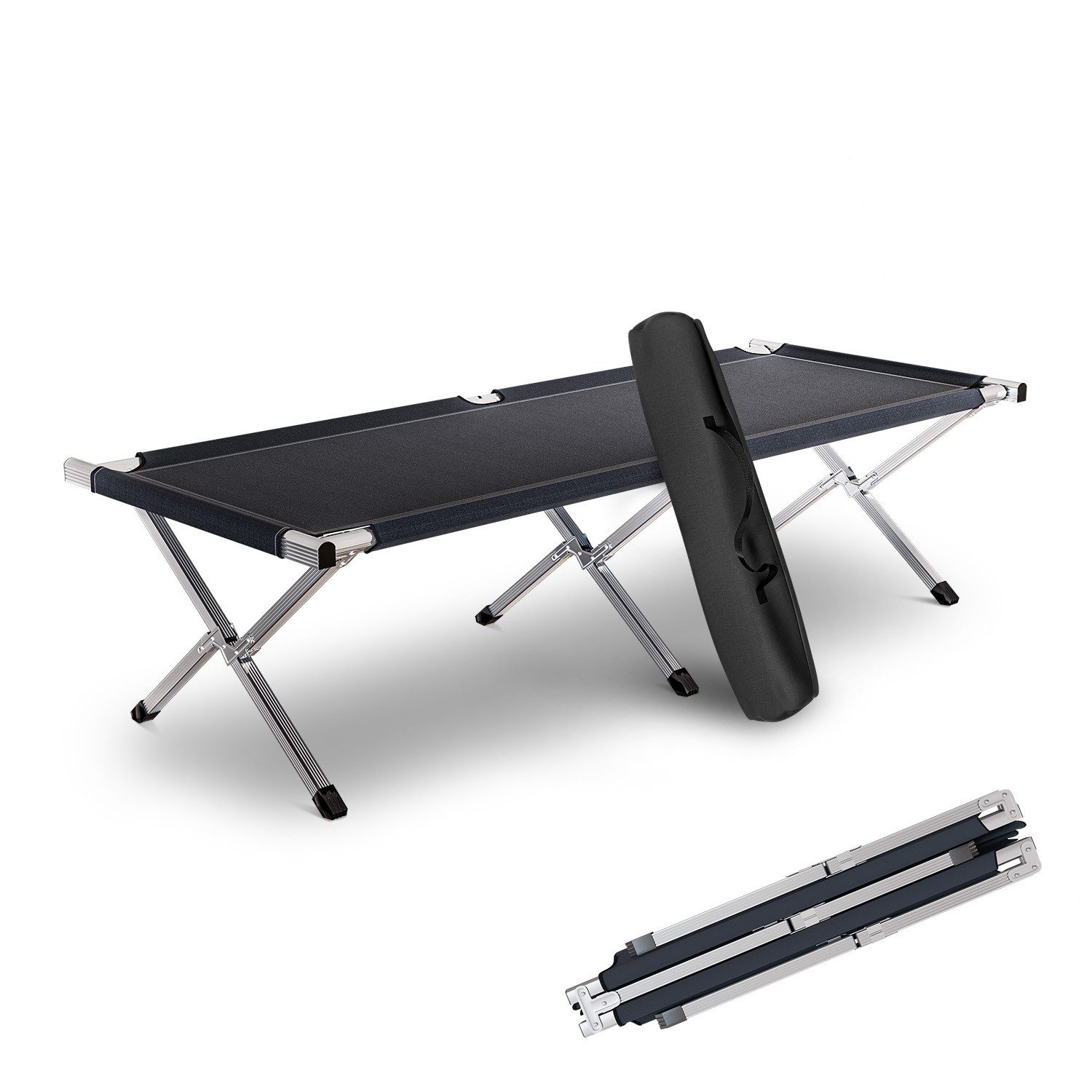 Kronenburg Faltbett XXL - Campingbett klappbar 210 x 82 x 45cm Belastbarkeit bis 200 kg - Stahlrohr verstärkt - in Schwarz