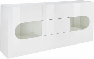 INOSIGN Sideboard Real,Vitrine,Kommode,Schrank,Breite 180 cm komplett hochglanz lackiert, mit 2 Glastüren und 3 Schubladen ohne Griff