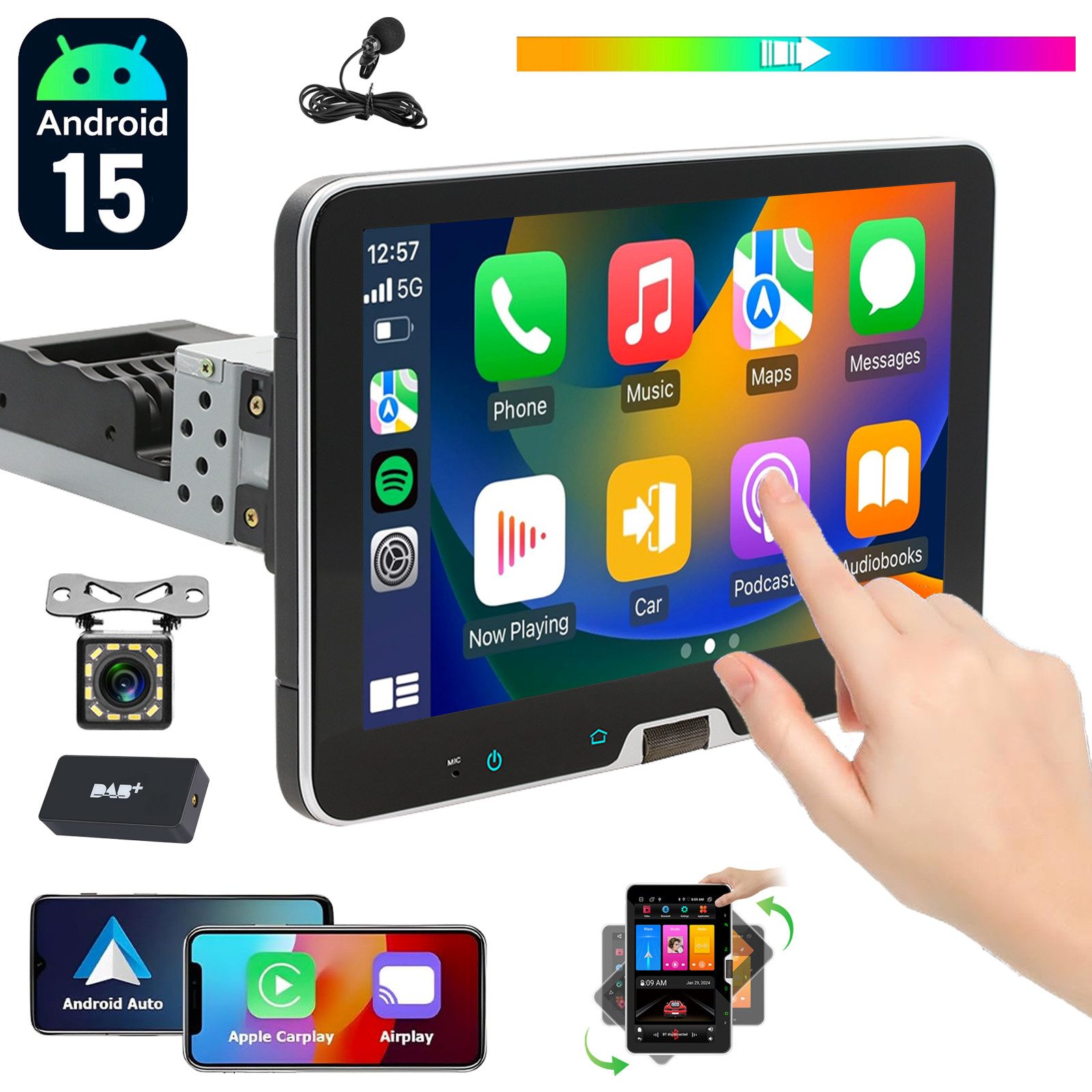 ESSGOO 64G DAB+ Autoradio 1DIN Android15 Carplay Radio Navi WiFi 360° drehbar Autoradio (RDS, 4+64GB(optional), Digitalradio (DAB), FM, Autoradio 1 din, GPS, WIFI, Carplay Android Auto Bluetooth EQ USB GPS Navi WIFI Touchscreen)