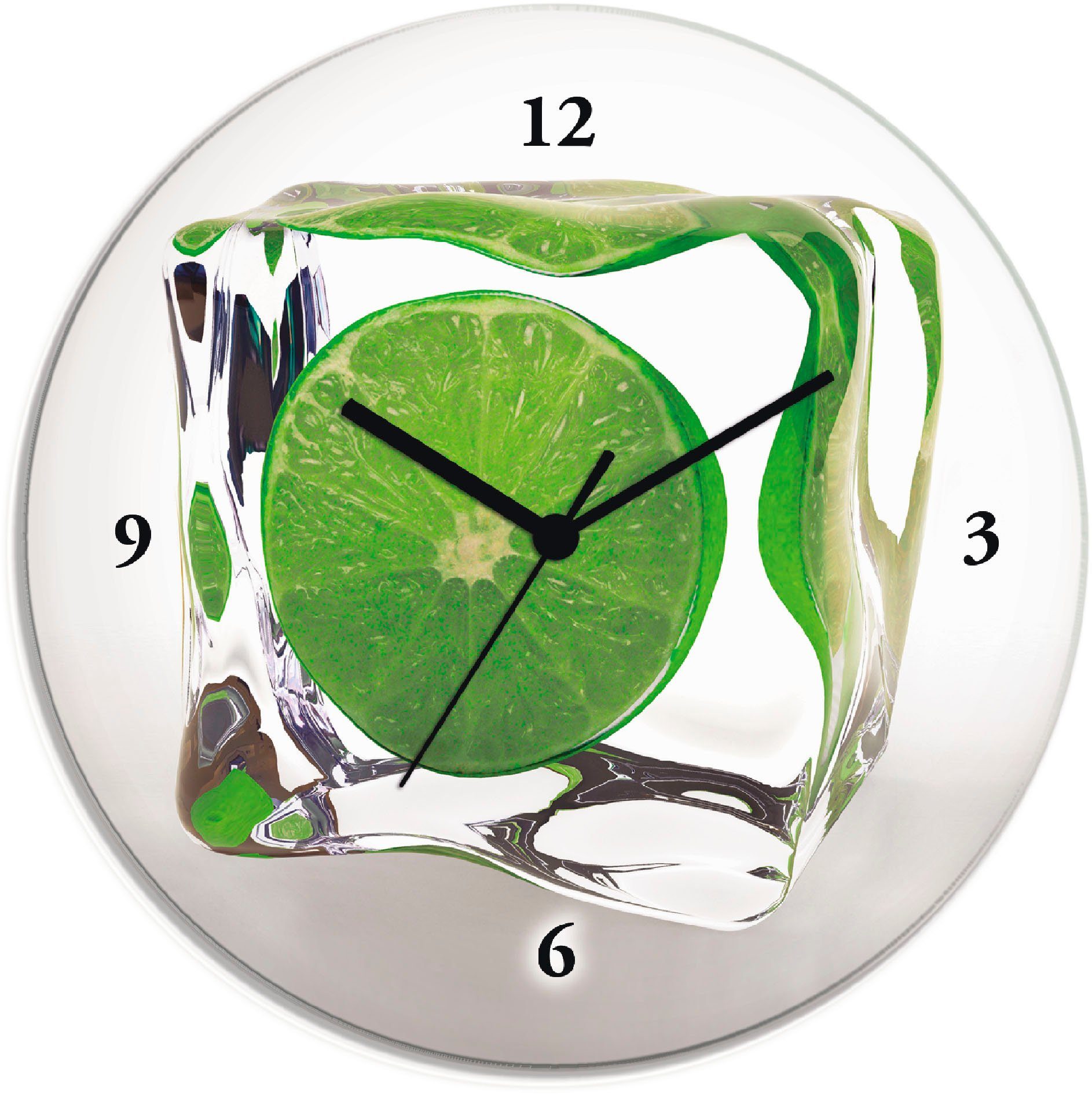 Artland Wanduhr Limette im Eiswürfel (wahlweise mit Quarz- oder Funkuhrwerk,  lautlos ohne Tickgeräusche), Analoge runde Funk- oder Quarzuhr aus 4mm  Float-Glas