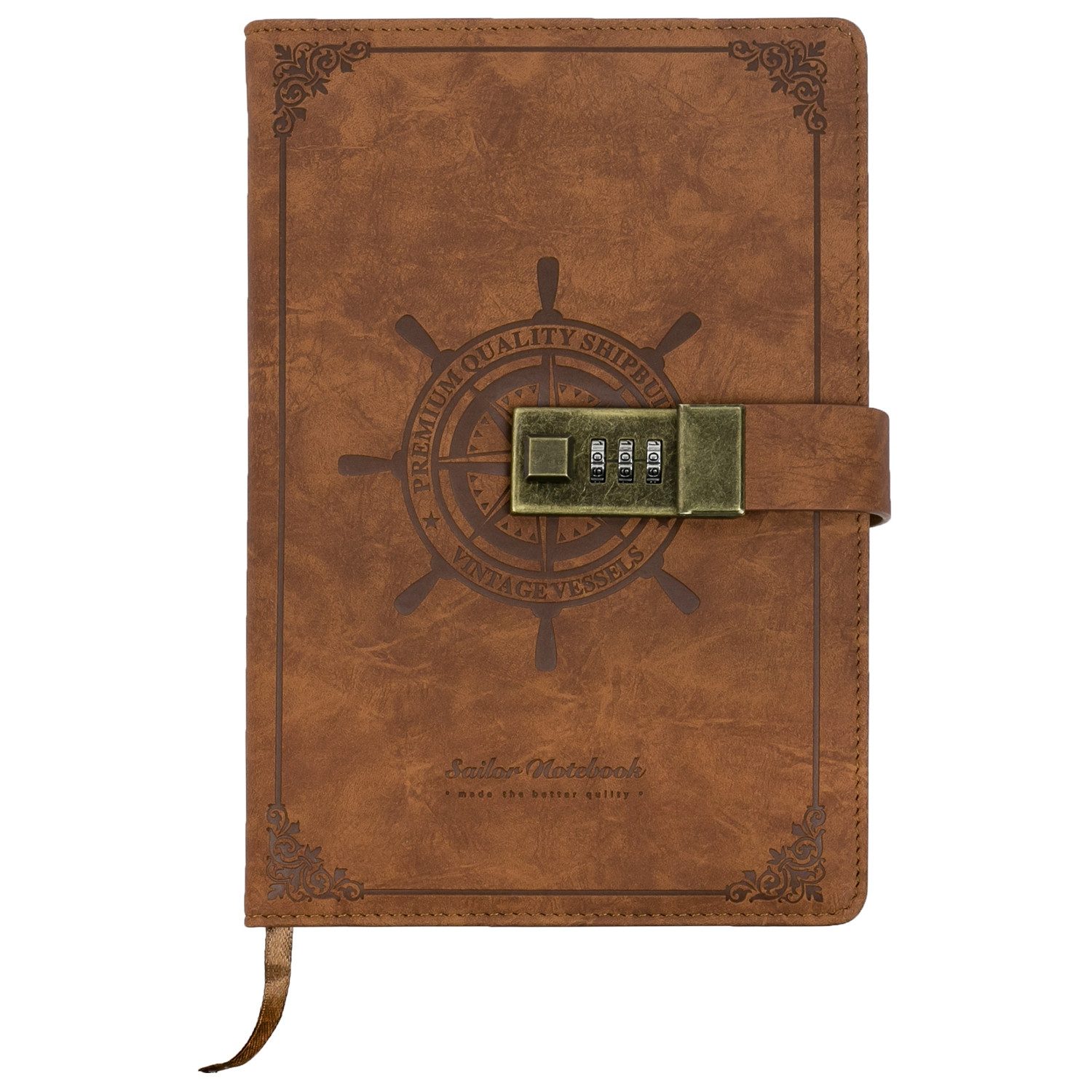 HMF Notizbuch Tagebuch mit Schloss, Notizbuch liniert mit Code, Vintage, Kunstleder, A5, 192 Seiten, Braun