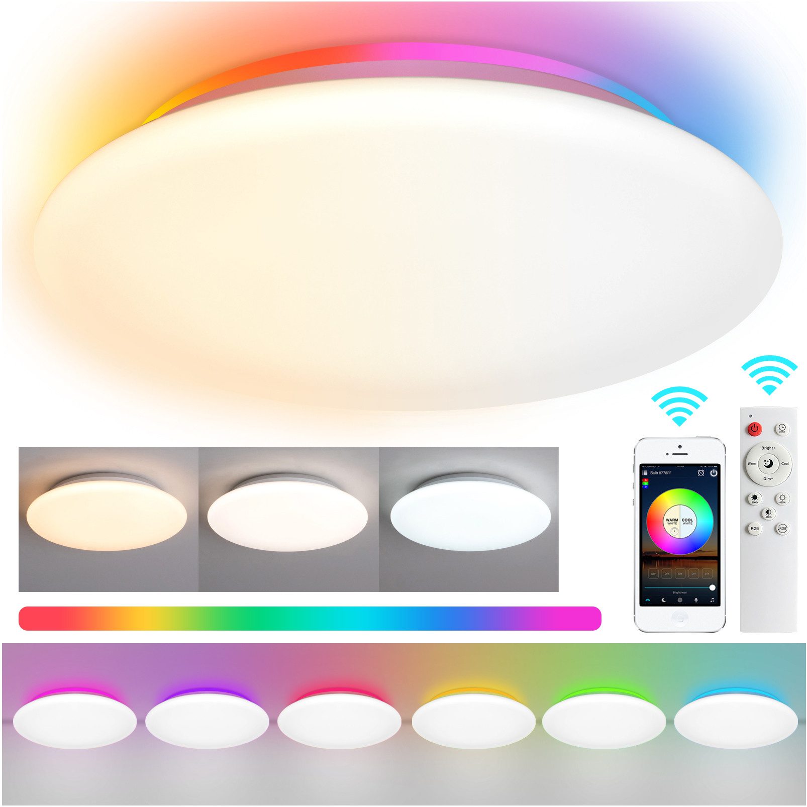 Sunicol Deckenleuchte 28W Smart RGB LED-Deckenleuchte, dimmbar, Unterputzmontage, Ø30CM, 16 Millionen Arten der Farbeinstellung + CCT-Farbtemperatur (2700K-6500K), Arbeiten mit Alexa, Fernbedienung, Sprachsteuerung