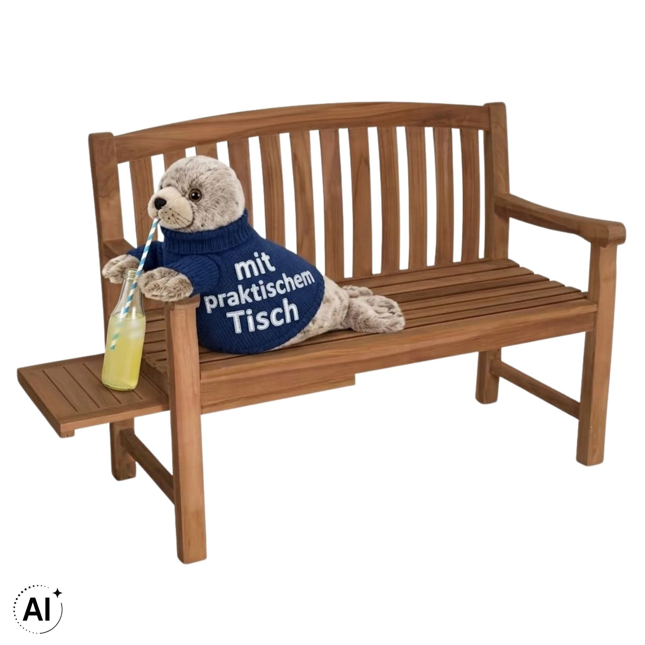 MR.DEKO Gartenbank Parkbank Lancaster Teak 1200cm mit Tisch Wetterfest Outdoor (Gartenbank mit integriertem Tisch, 1-St., 1 Gartenbank mit einseitig ausziehbarem Seitentisch), Ergonomische Teakbank mit integriertem Seitentisch