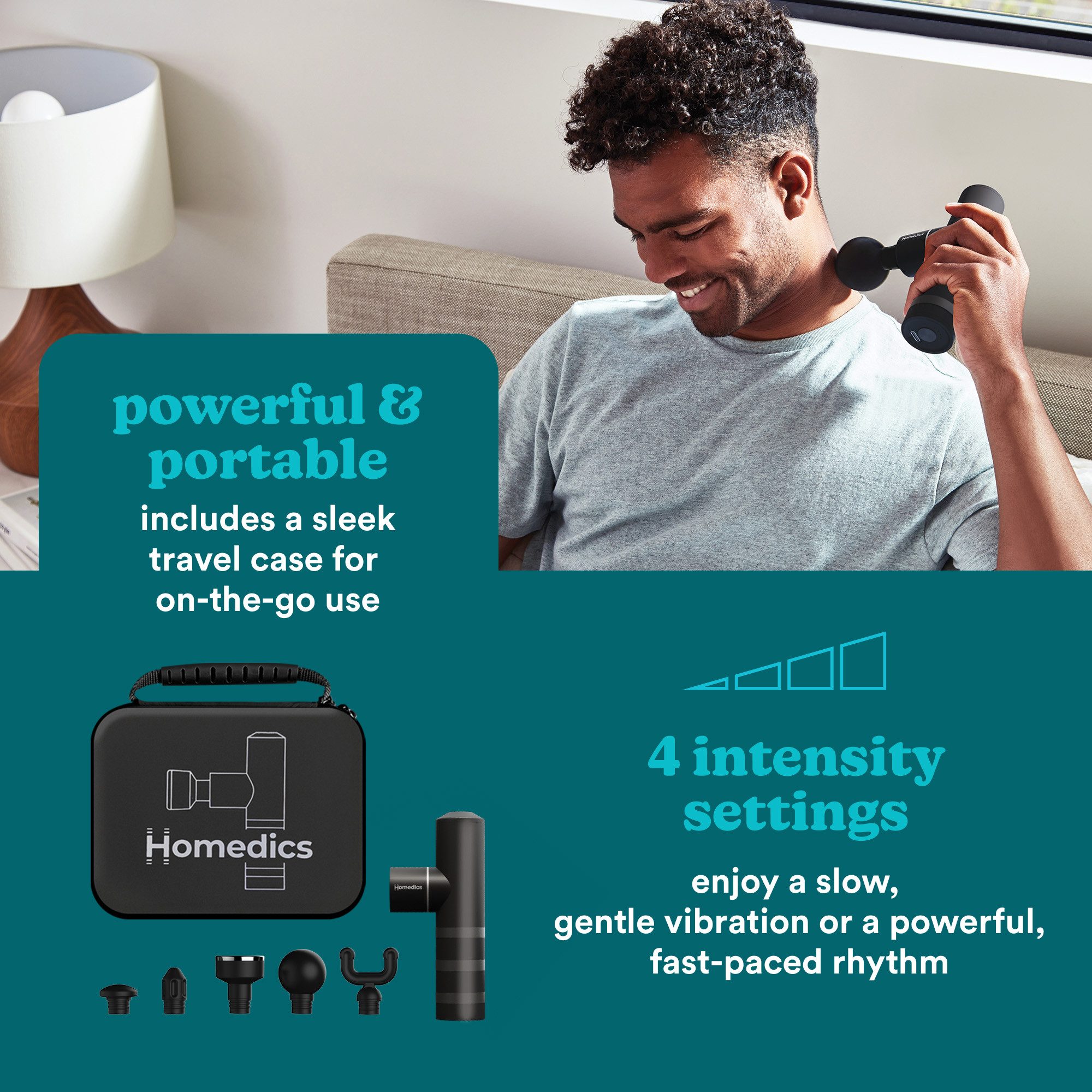 HOMEDICS Massagepistole MYTI Mini HHP-65GM Massagepistole Wärme Muskelmassage tragbar, 5 Massageköpfe, Beheizter Aufsatz, 4 Stufen, USB-C, leise, Reiseetui