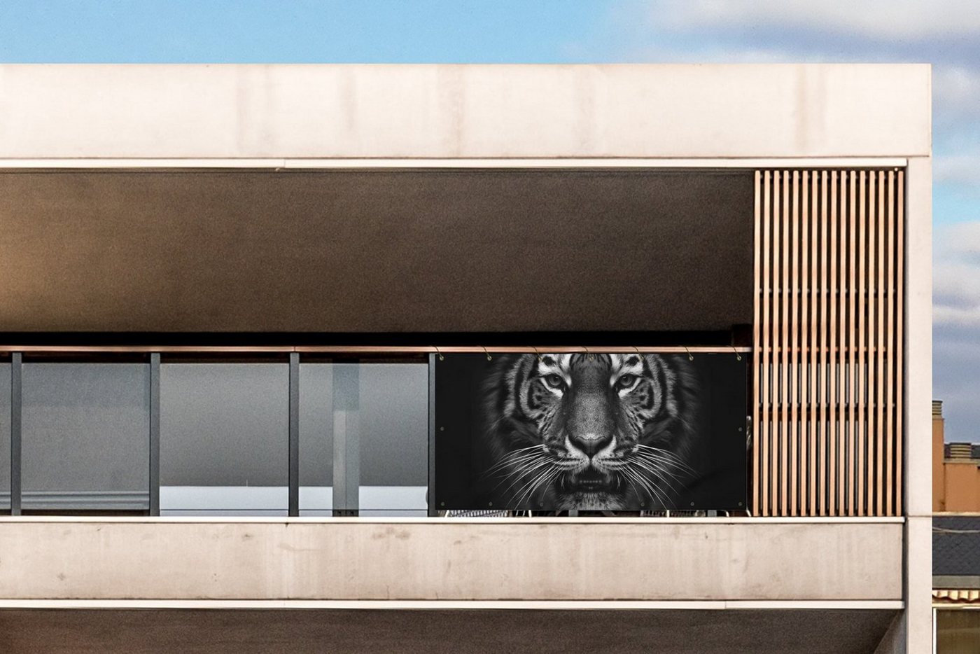 Thumbnail - MuchoWow Balkonsichtschutz Tiger - Tiere - Schwarz - Weiß - Porträt - Wild (1-St) Balkon Sichtschutz 90x200, Windschutz ...