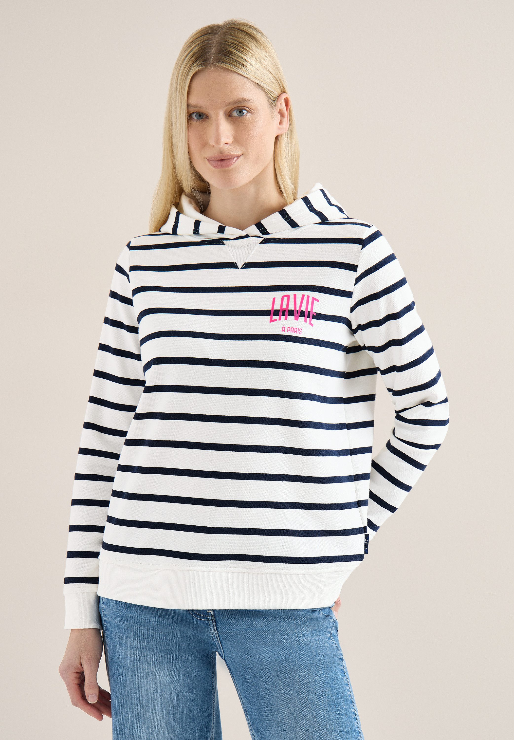 CECIL Hoodie mit Print auf der Brust und in Streifen-Optik