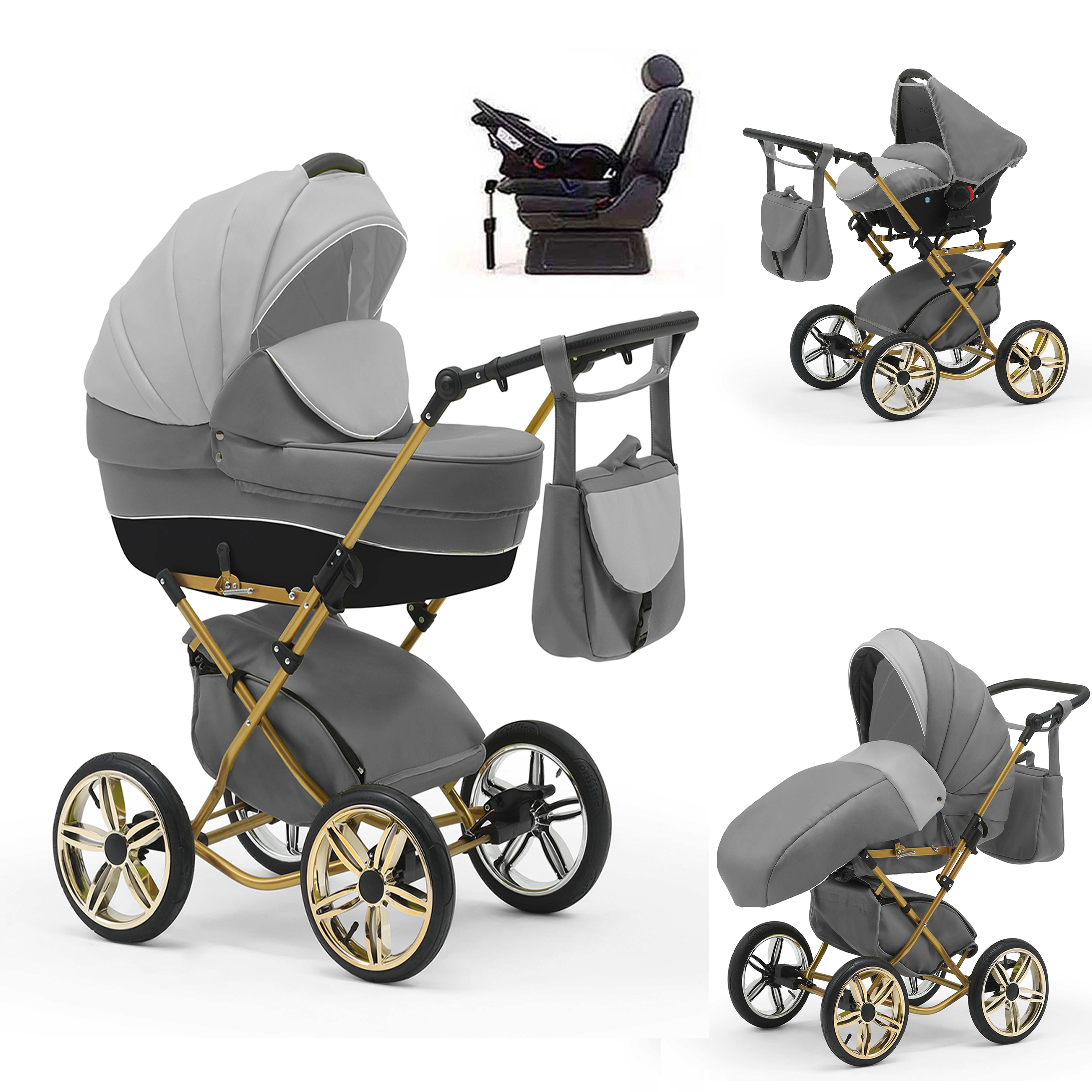 Kombi-Kinderwagen Sorento Gold 5 in 1 mit Sportsitz, Autositz und Iso in 30 Farben