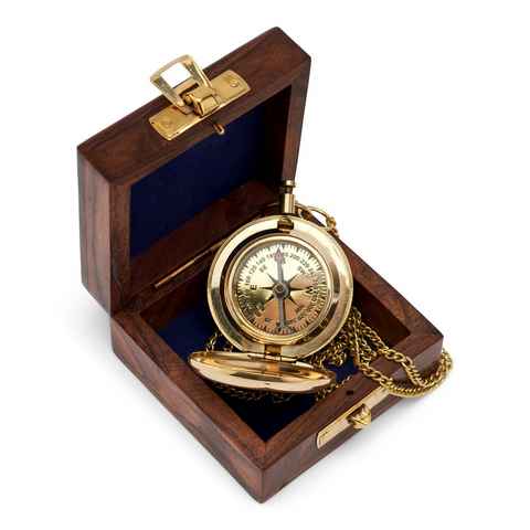 NKlaus 5cm Kompass Taschenuhrform aus Messing in Holzbox Peilkompass Richtung maritimes Navigationsgerät (Messing)