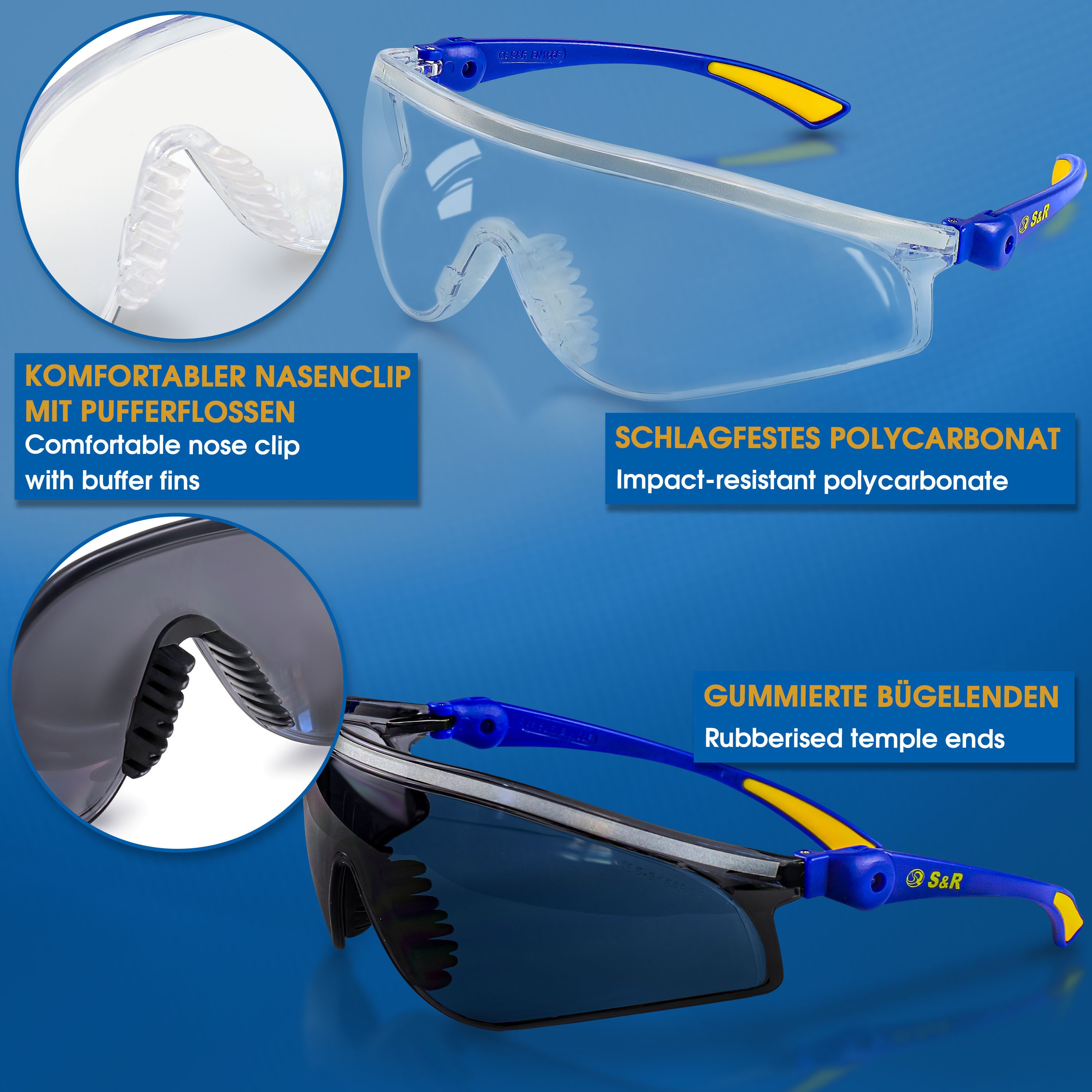 S&R Arbeitsschutzbrille transparente und getönte Sicherheits-Gläser, stoßfest, UV400 Schutz, (2St., 2 tlg. mit einem Reinigungstuch und einer robusten Tasche), verstellbare Bügel, EN 166, Sicherheitsbrillen