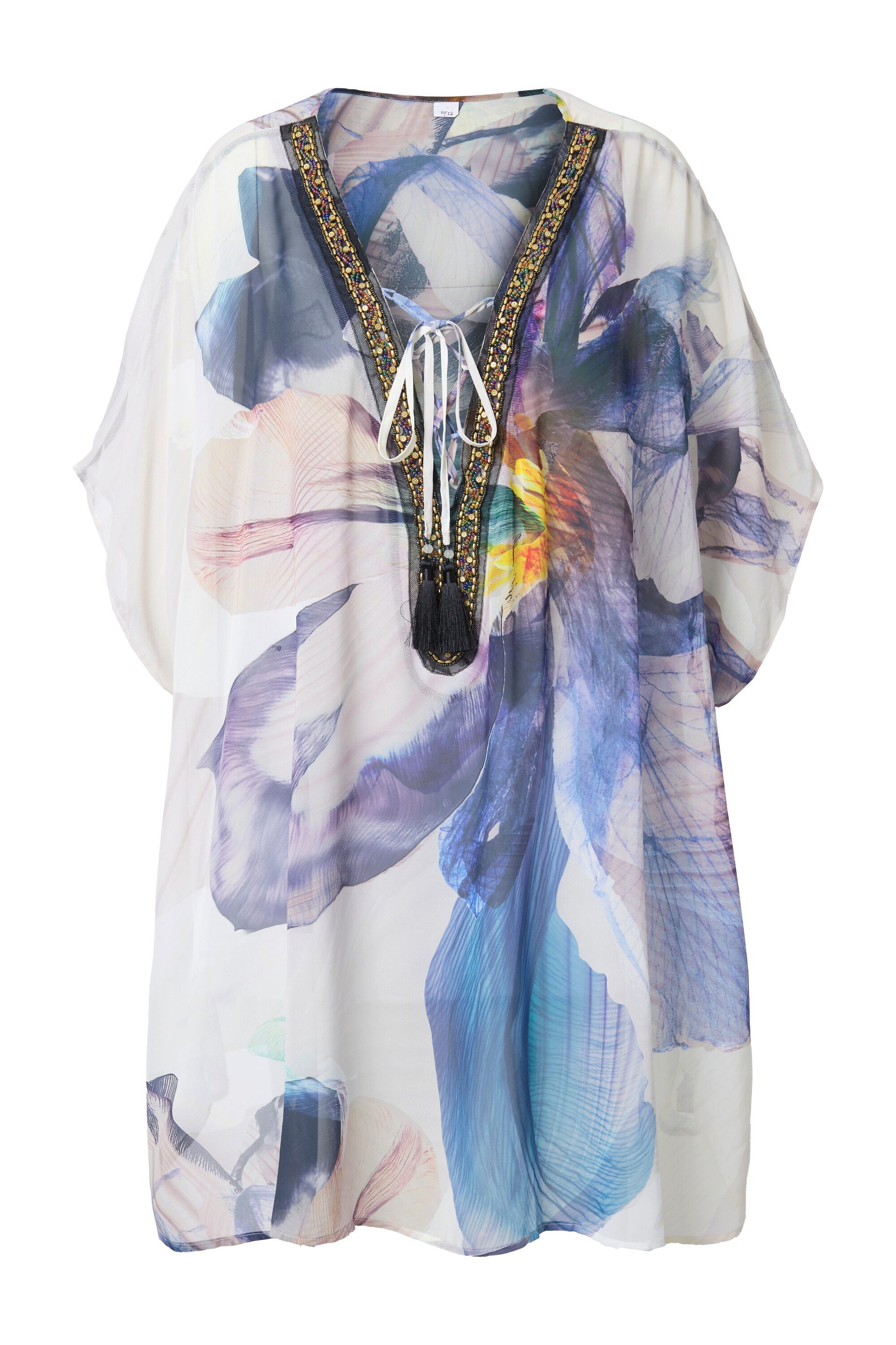 Ulla Popken Jerseykleid Tunika Blüten V-Ausschnitt Schnürung Halbarm günstig online kaufen