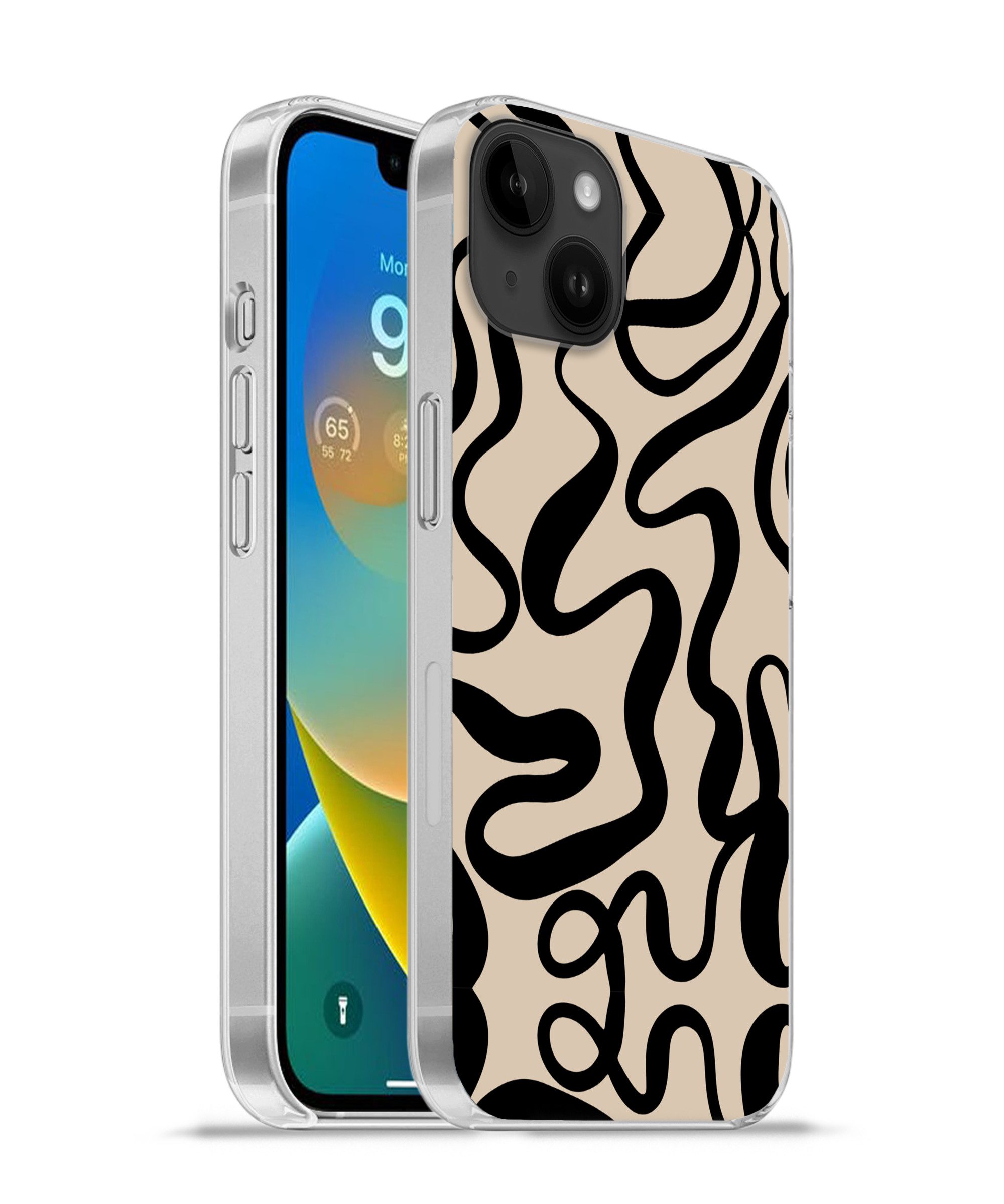 MuchoWow Handyhülle für Apple iPhone 14 Plus Linien - Schwarz - Beige - Abstrakt - Minimal, Smartphone-Bumper, Print, Handy Schutzhülle Dünn