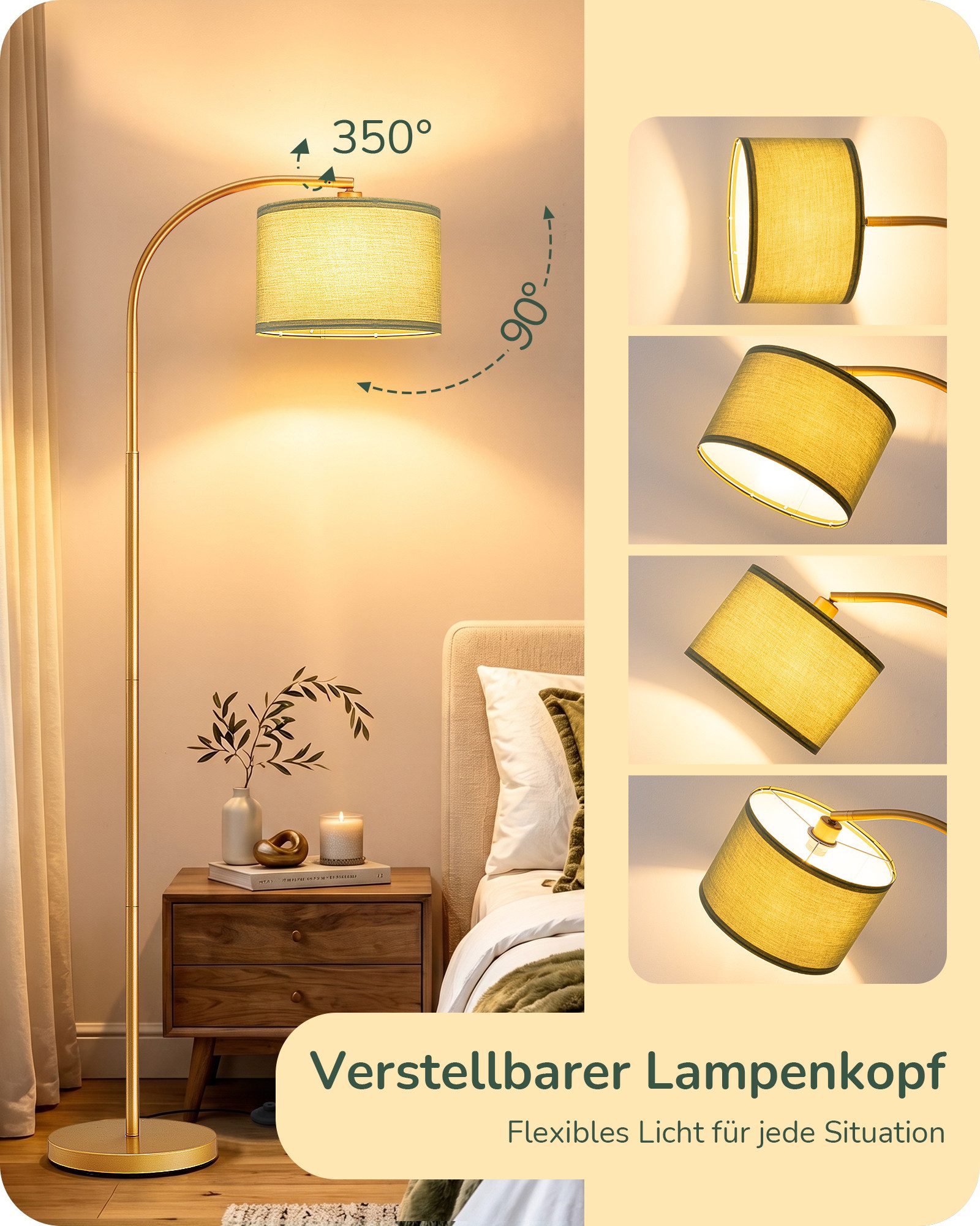 EDISHINE Stehlampe Wohnzimmer, mit E27 LED-Glühbirne, warmweiß, 161cm Bogenlampe mit Leinen-Lampenschirm