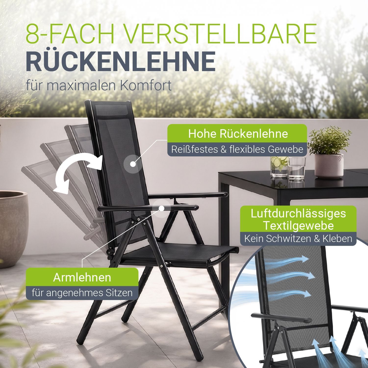 Juskys Garten-Essgruppe Milano, (7-tlg), 6 Gartenstühlen plus Tisch - Stühle klappbar und verstellbar