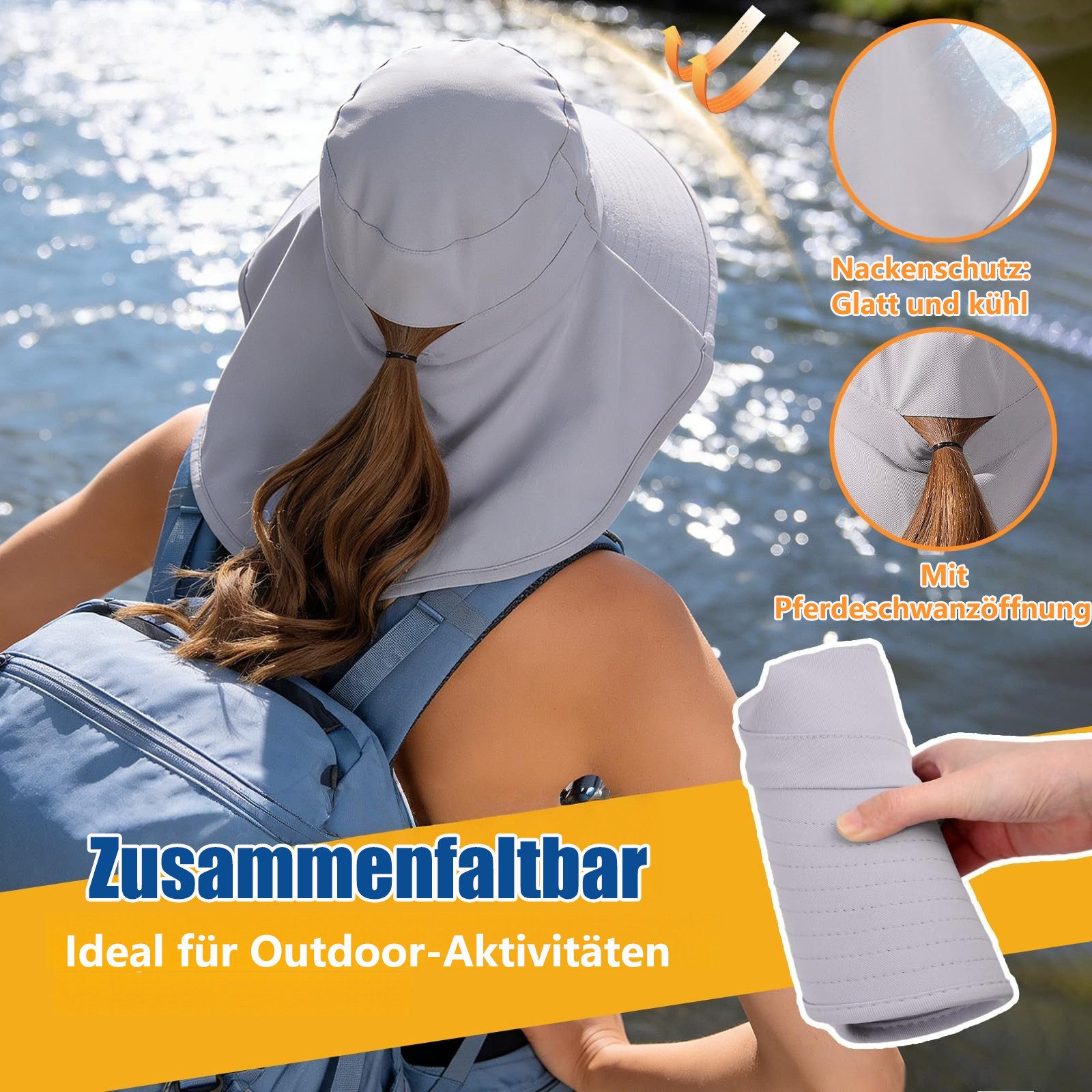 FOUORTUNATE-BEE Sonnenhut Sonnenhut für Damen mit Nackenschutz und Pferdeschwanzöffnung (rollbarer Damen-Sonnenhut, Anglerhut mit breiter Krempe) – Bild 4 von 5