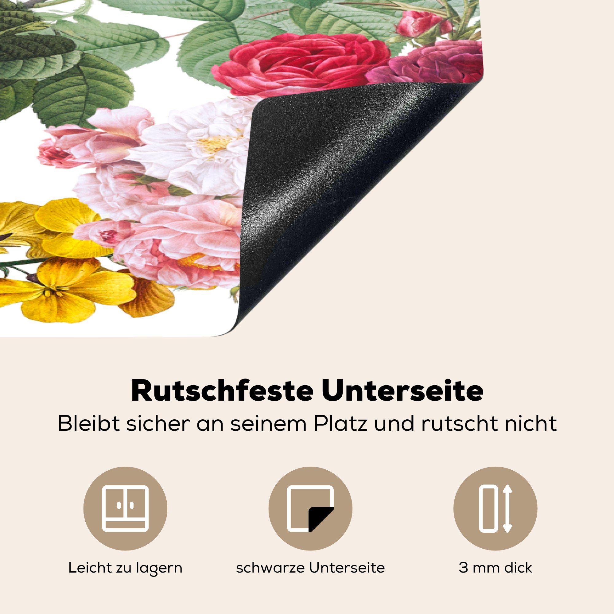 MuchoWow Herdblende-/Abdeckplatte Blumen - Gelb die Vinyl, 81x52 Rosa (1 für tlg), Schutz Induktionskochfeld Ceranfeldabdeckung - küche, - Weiß, cm