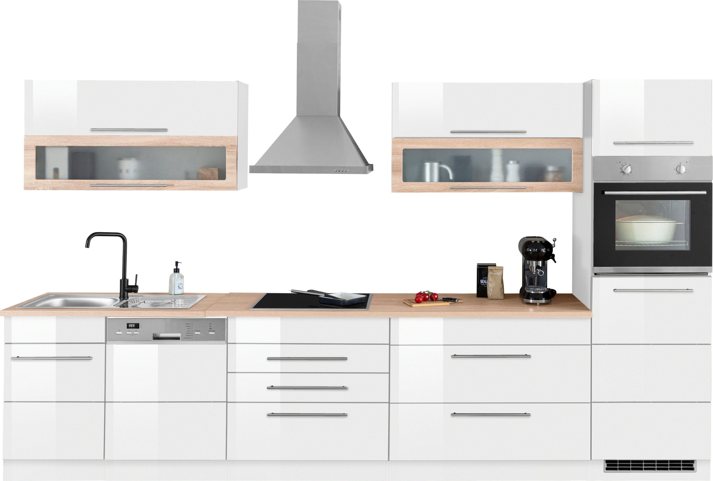 HELD MÖBEL Küchenzeile Wien, Breite 350 cm, wahlweise mit E-Geräten und Induktion weiß Hochglanz/weiß-wotaneiche | weiß Hochglanz | weiß