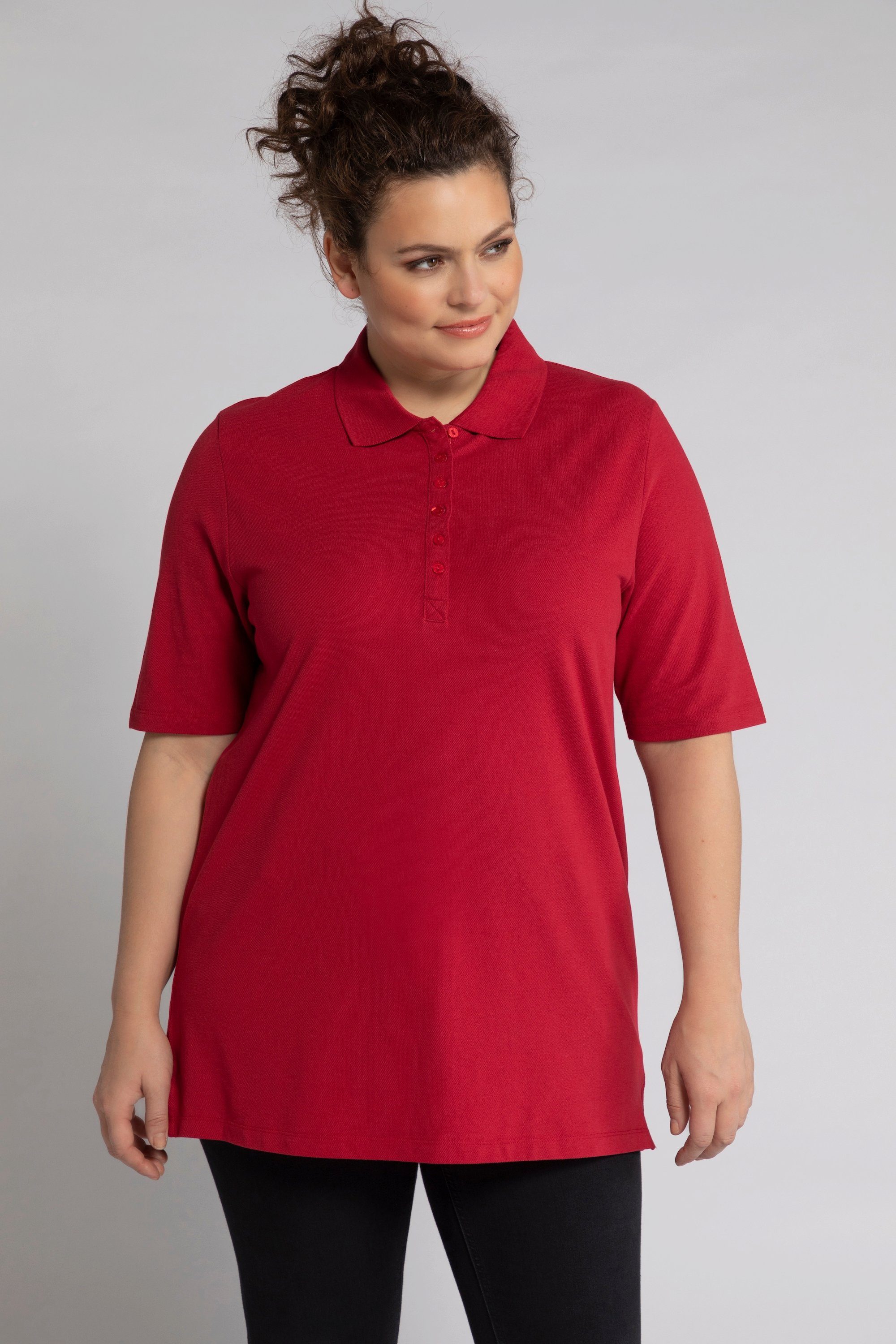 Ulla Popken Rundhalsshirt Poloshirt Polokragen Piqué Samt-Knopfleiste mohn