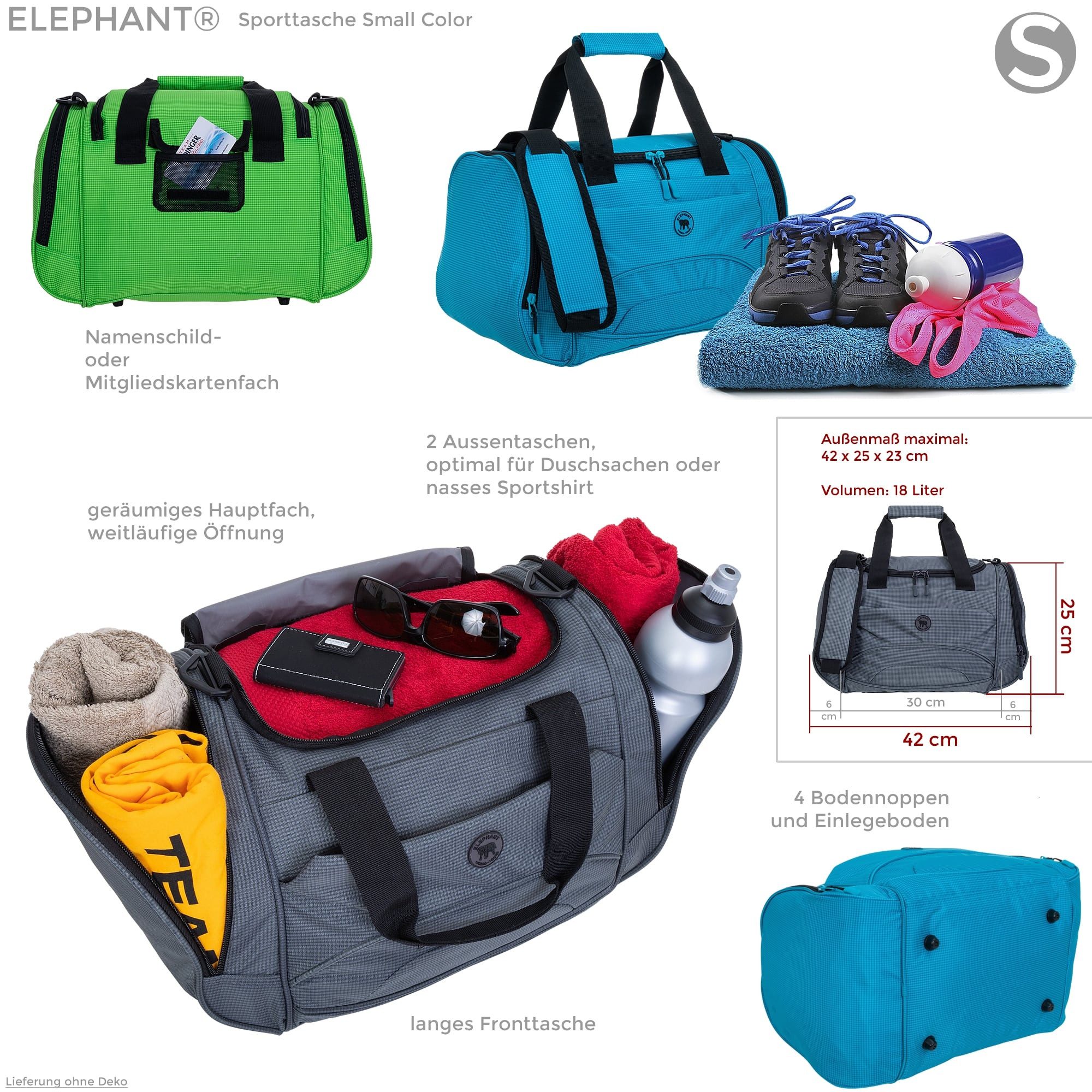 ELEPHANT Sporttasche klein Damen Herren Kinder Fitness Tasche 42 cm small, Color Sport Reise Schule Fitness Gym + Flasche