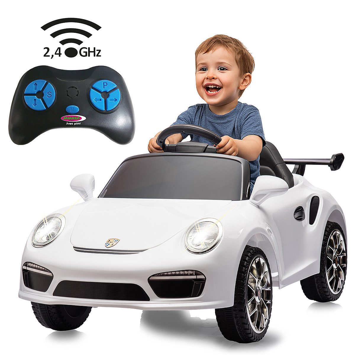 Jamara Elektro-Kinderauto Ride-on RUF CTR3 Club Sport weiß, 2,4GHz, Li-Power 12.6, Belastbarkeit 30 kg, mit Licht und Sound