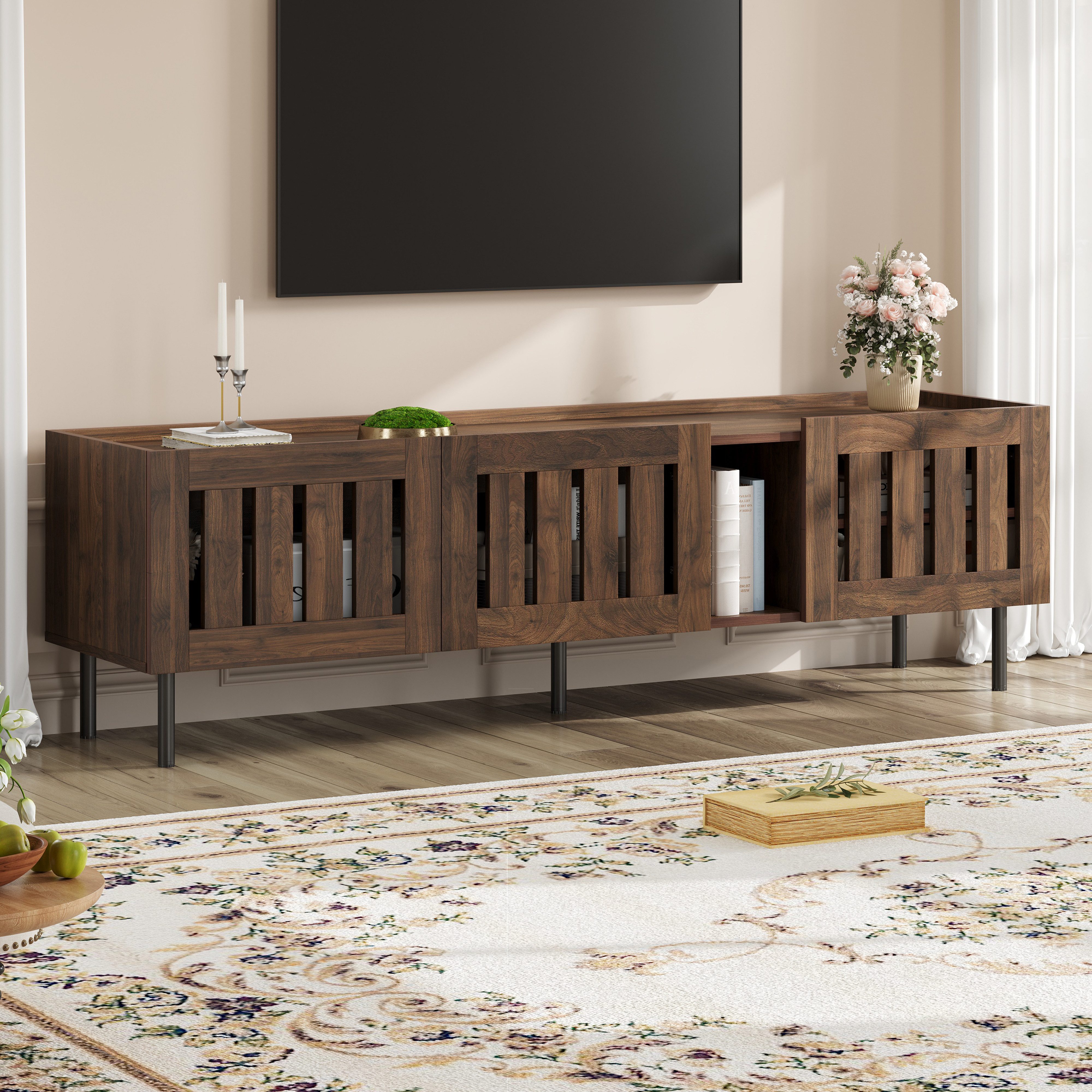 Merax Lowboard mit durchbrochenen Holzleisten (TV-Schrank TV-Möbel Fernsehtisch Fernsehschrank, 1 St), TV-Ständer mit drei Türen und großzügigem Stauraum, 160x40x47cm