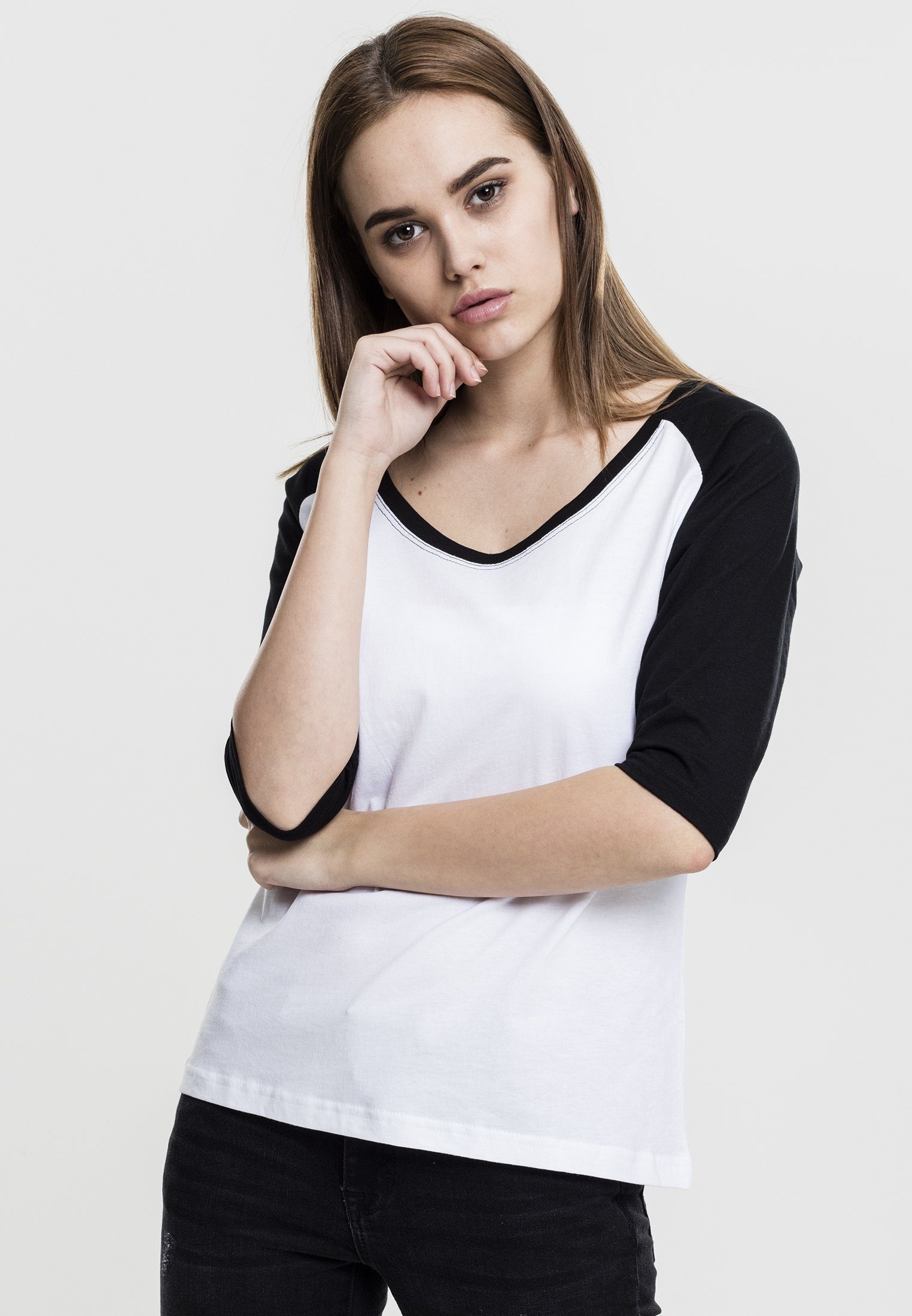URBAN CLASSICS Kurzarmshirt Damen Ladies 3/4 Contrast Raglan Tee (1-tlg) white/black