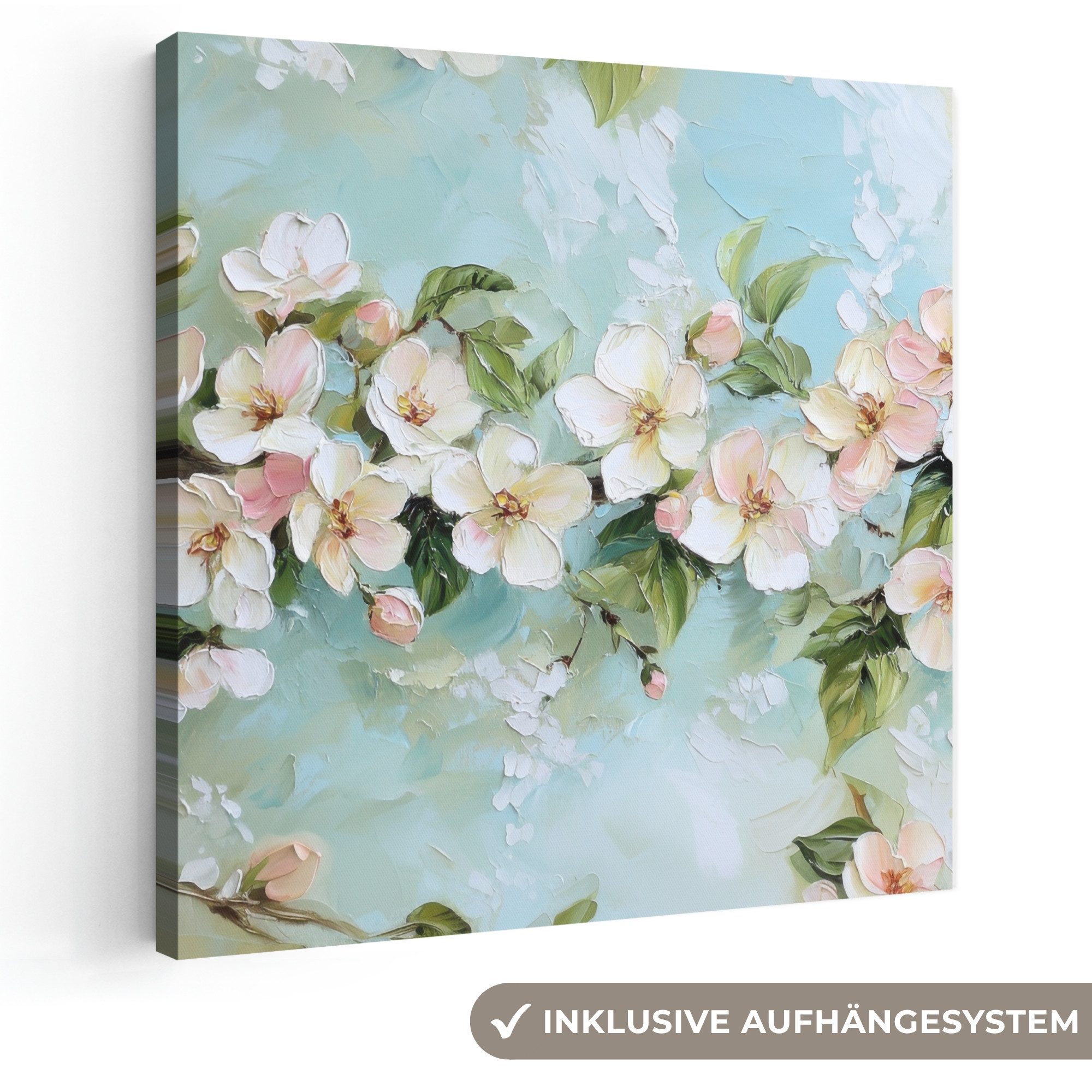 OneMillionCanvasses® Leinwandbild Blossom - Blätter - Hellblau, Fotodruck (1 St), Wandbild, Deko Schlafzimmer Wohnzimmer Flur 20x20 cm