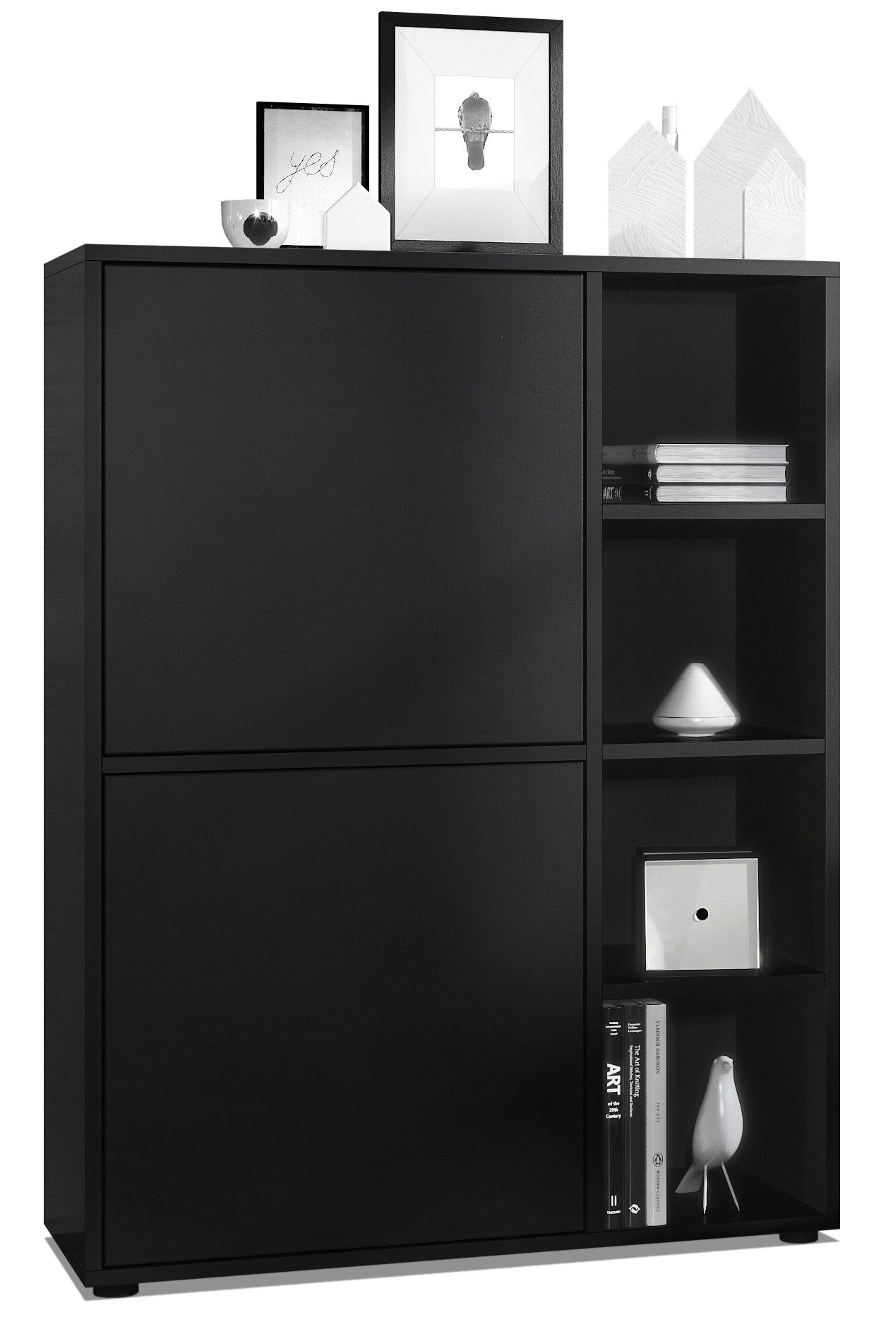 Vladon Highboard Cuba (Anrichte, mit 2 Türen und 4 offene Fächer), Schwarz matt/Schwarz matt (79 x 105,5 x 35,5 cm)