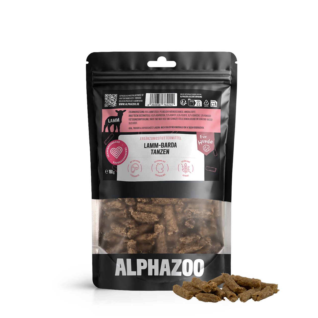 ALPHAZOO Lamm-Barda Tanzen 160g, Weiche Hundeleckerli mit Lamm getreidefrei und ohne Zuckerzusatz, Snack für: Hunde, Trainingssnack mit viel Fleisch und ohne Getreide