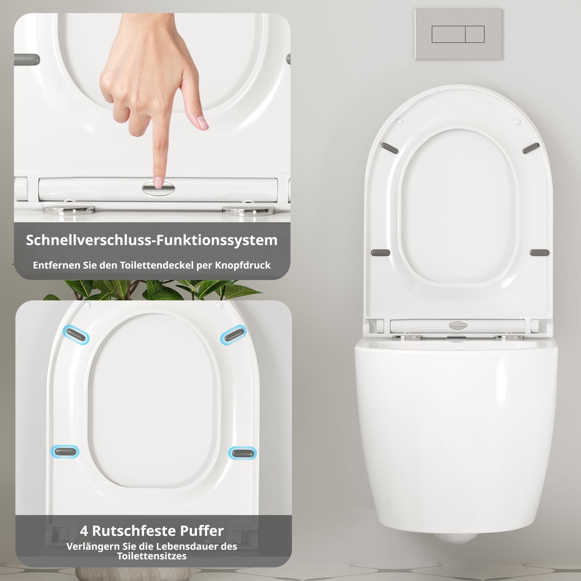 GarveeMore Tiefspül-WC mit 360° Rimless-Spülung, Soft-Close-Funktion, Schnelllösesystem, wandhängend, Abgang Wirbelspülung, aus Keramik, UF-Sitz (großes D-Desig – Bild 5 von 5