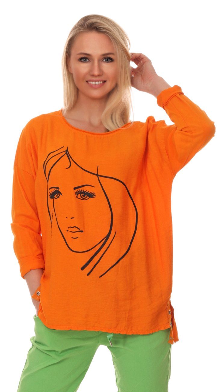 Charis Moda Langarmshirt Shirt Langarm Gesicht Orange