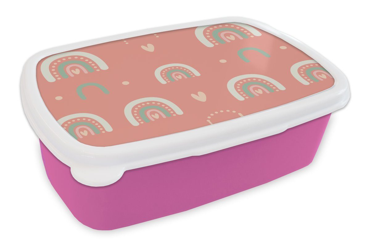 MuchoWow Lunchbox Mädchen - Regenbogen - Herzen - Muster - Mädchen - Rosa - Kinder -, Kunststoff, (2-tlg), Brotbox für Erwachsene, Brotdose Kinder, Snackbox, Mädchen, Kunststoff