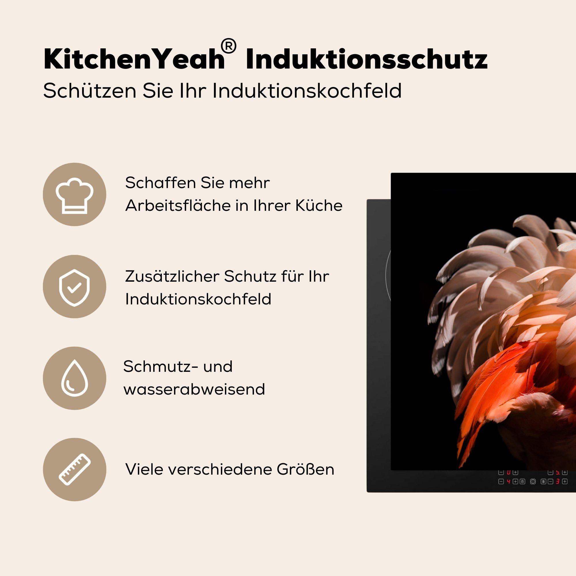 MuchoWow Induktionskochfeld Herdblende-/Abdeckplatte - Federn Ceranfeldabdeckung Flamingo - 81x52 - (1 tlg), die küche, für Makro, Licht cm, Vinyl, Schutz